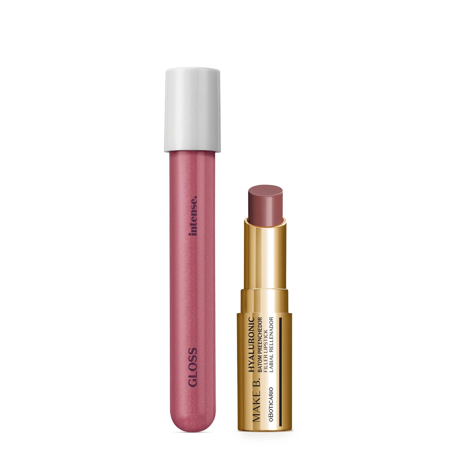 Combo Gloss Labial Rosa Intense 5ml + Batom Marrom Nude Make B. Hyaluronic 3,4g