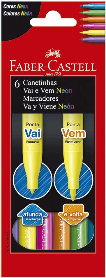 Caneta Hidrocor Faber Castell 6 Cores Ponta Vai e Vem Neon