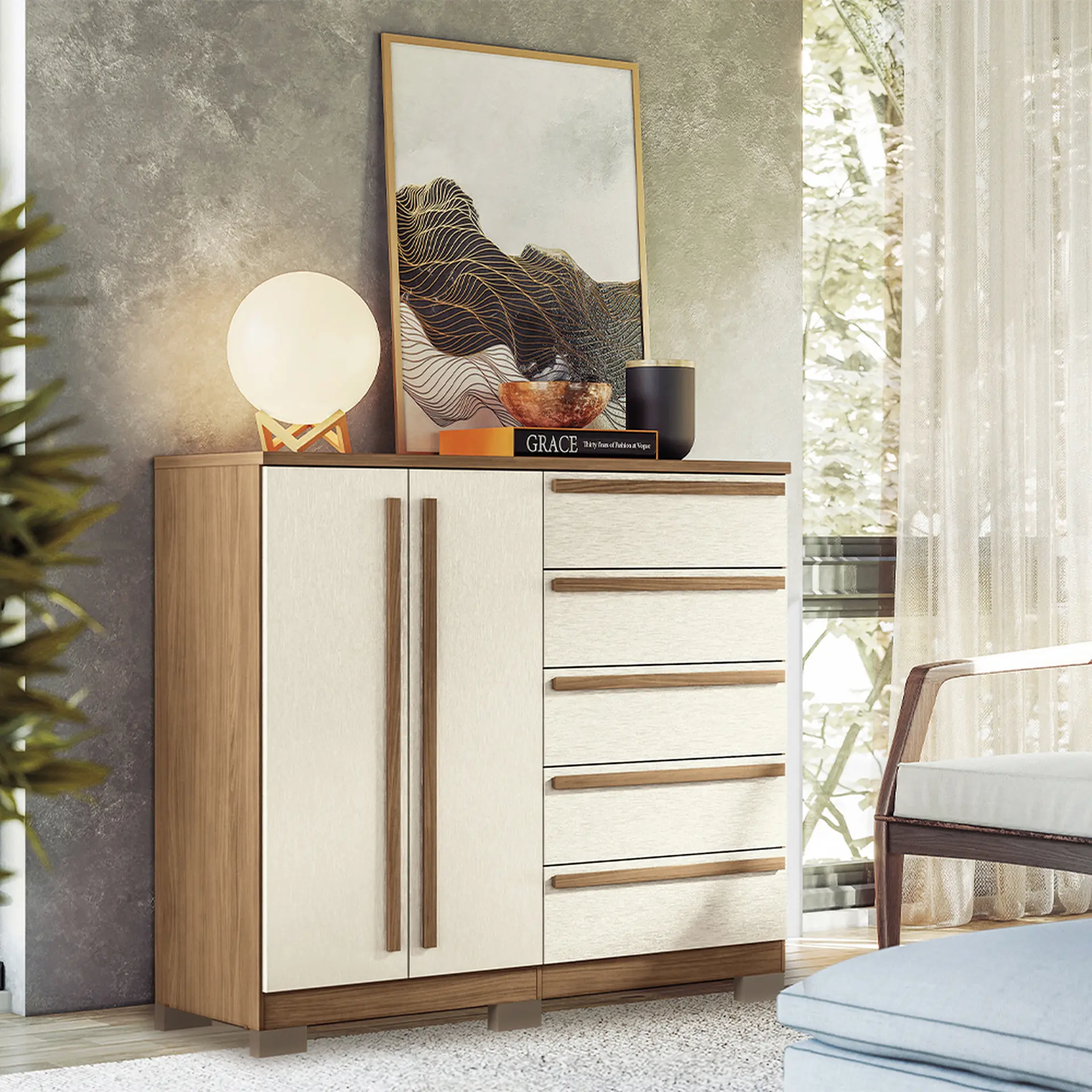 Cômoda 2 Portas Bater 5 Gavetas Málaga Gold Santos Andirá - Jatobá/Areia
