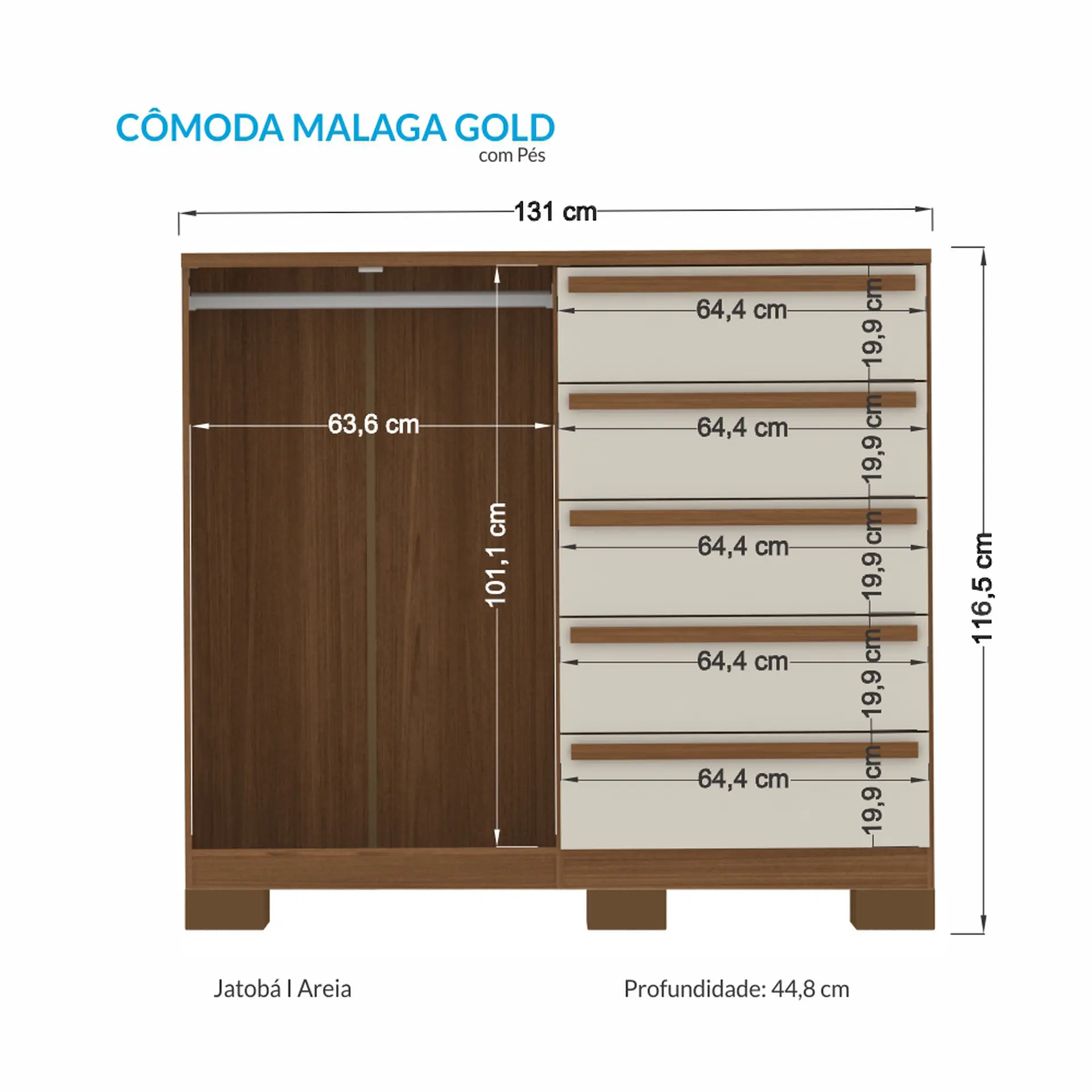 Cômoda 2 Portas Bater 5 Gavetas Málaga Gold Santos Andirá - Jatobá/Areia