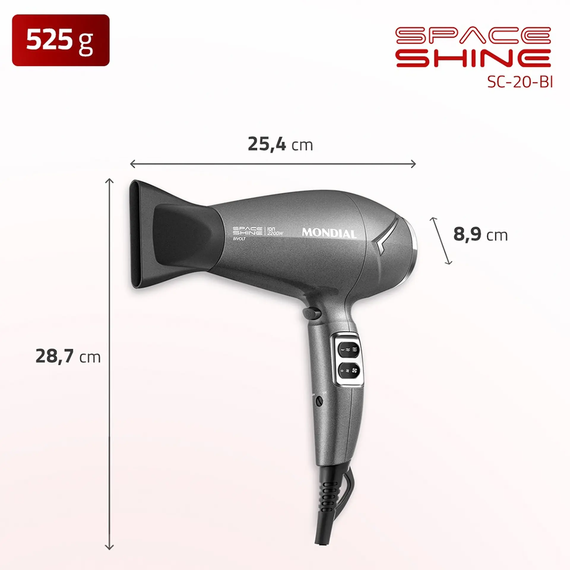 Secador de Cabelo Mondial Space Shine Tourmaline 2100W - Grafite - Bivolt