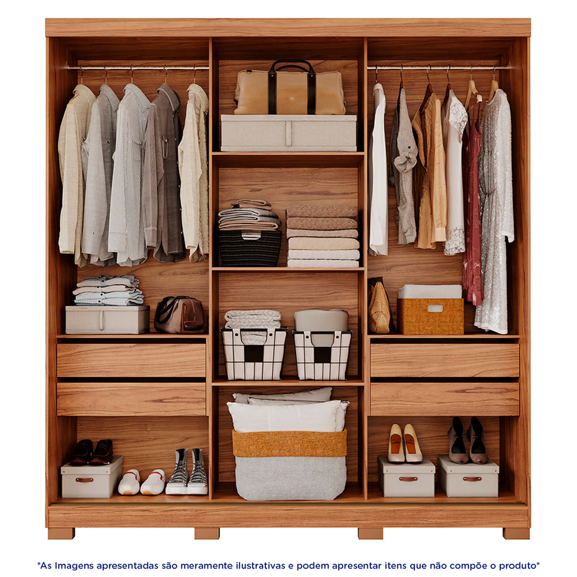 Guarda-Roupa Casal 3 Portas Correr 4 Gavetas Búzios Panan Roupeiro - Cinamomo/ Off white
