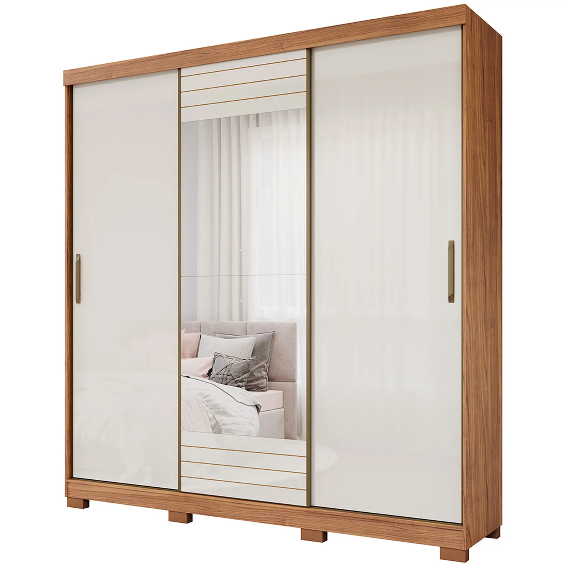 Guarda-Roupa Casal 3 Portas Correr 4 Gavetas Búzios Panan Roupeiro - Cinamomo/ Off white