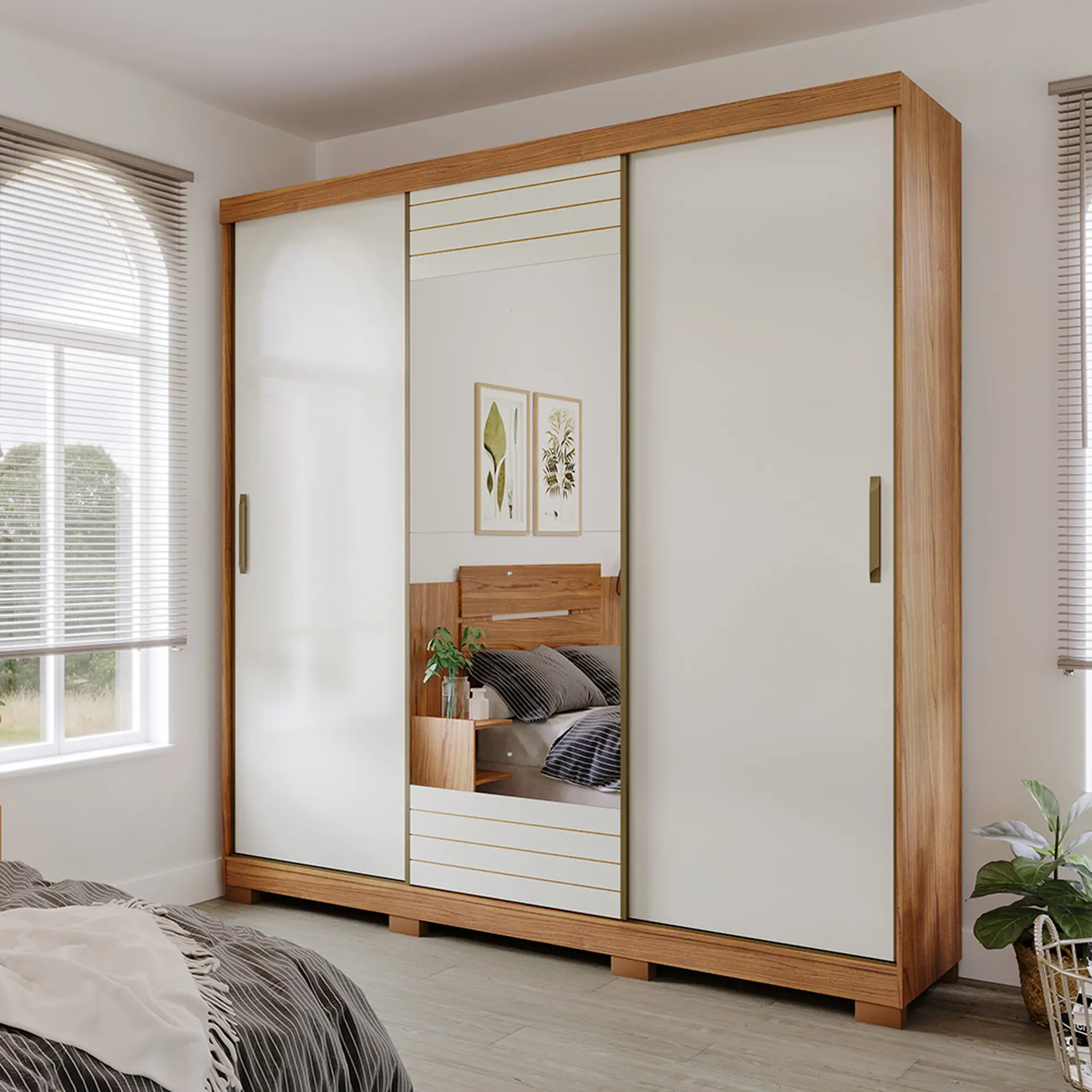 Guarda-Roupa Casal 3 Portas Correr 4 Gavetas Búzios Panan Roupeiro - Cinamomo/ Off white