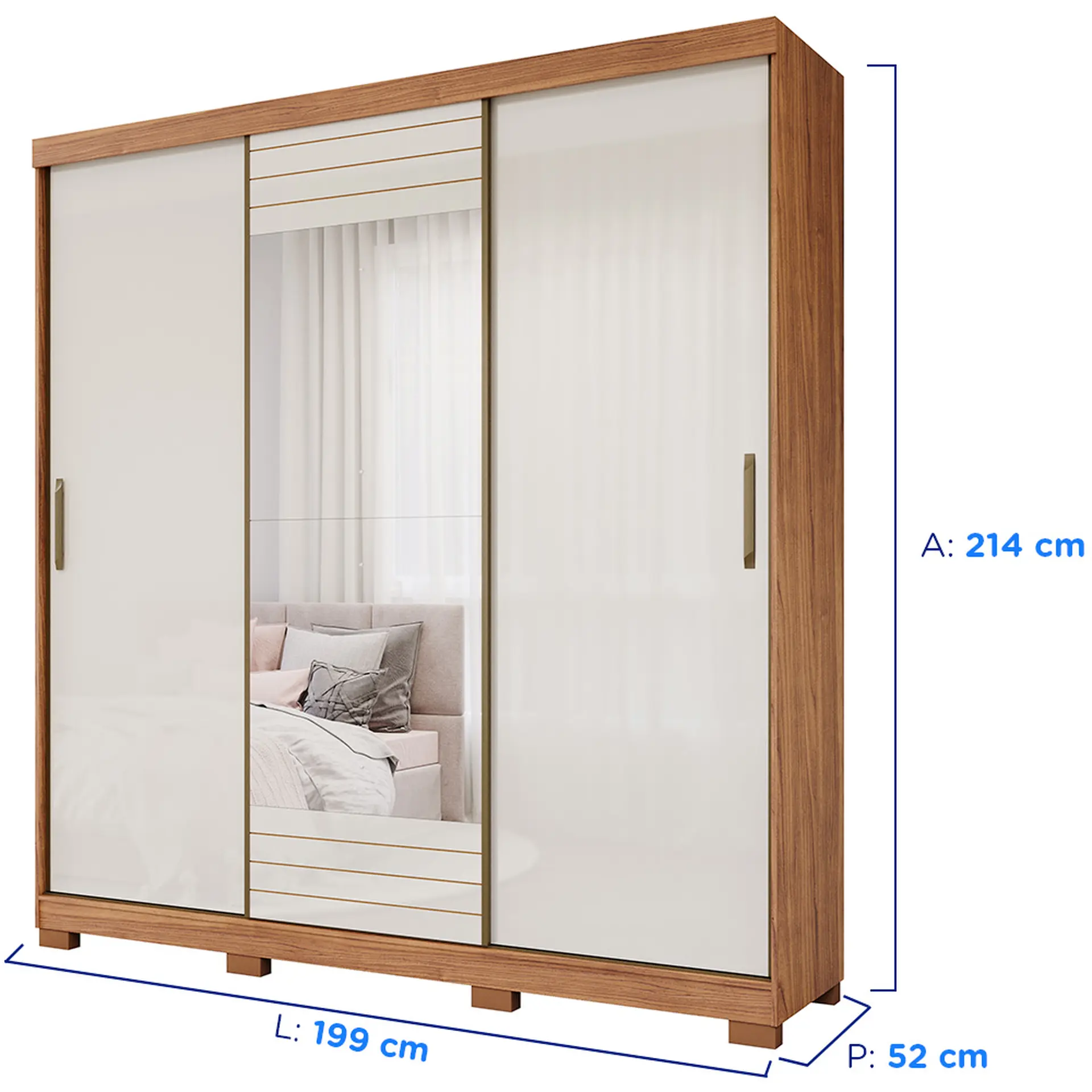 Guarda-Roupa Casal 3 Portas Correr 4 Gavetas Búzios Panan Roupeiro - Cinamomo/ Off white