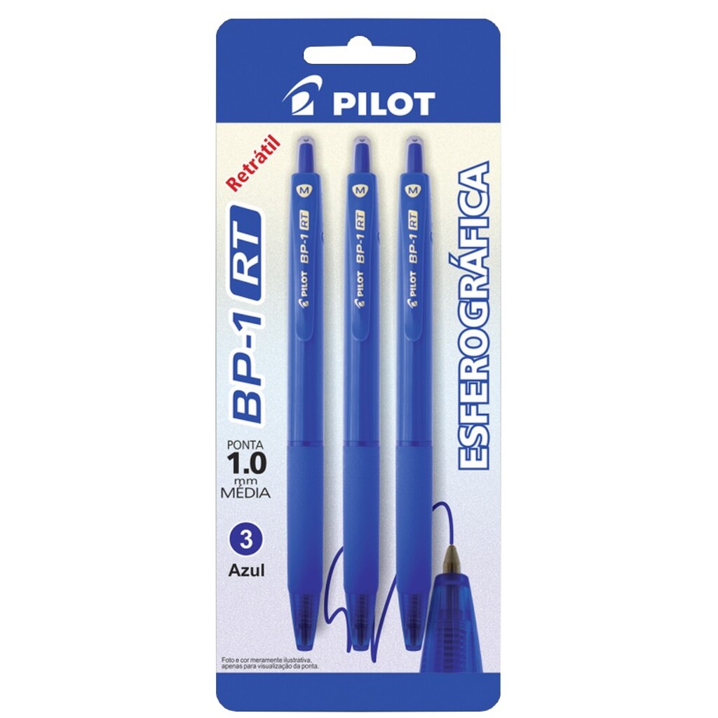 Caneta Esferográfica 1.0mm Média Retrátil Azul - Pilot - Blister com 3 Unidades - BP-1 RT - 1480025SM048AZ