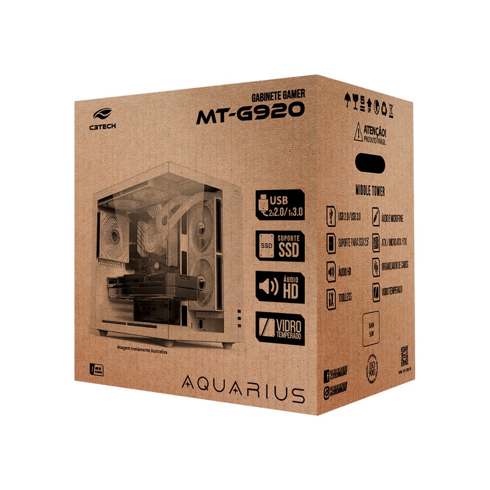 Gabinete Gamer C3tech Aquarius sem Cooler Fan e sem Fonte Lateral e Frente em Vidro Temperado Branco MTG920WH