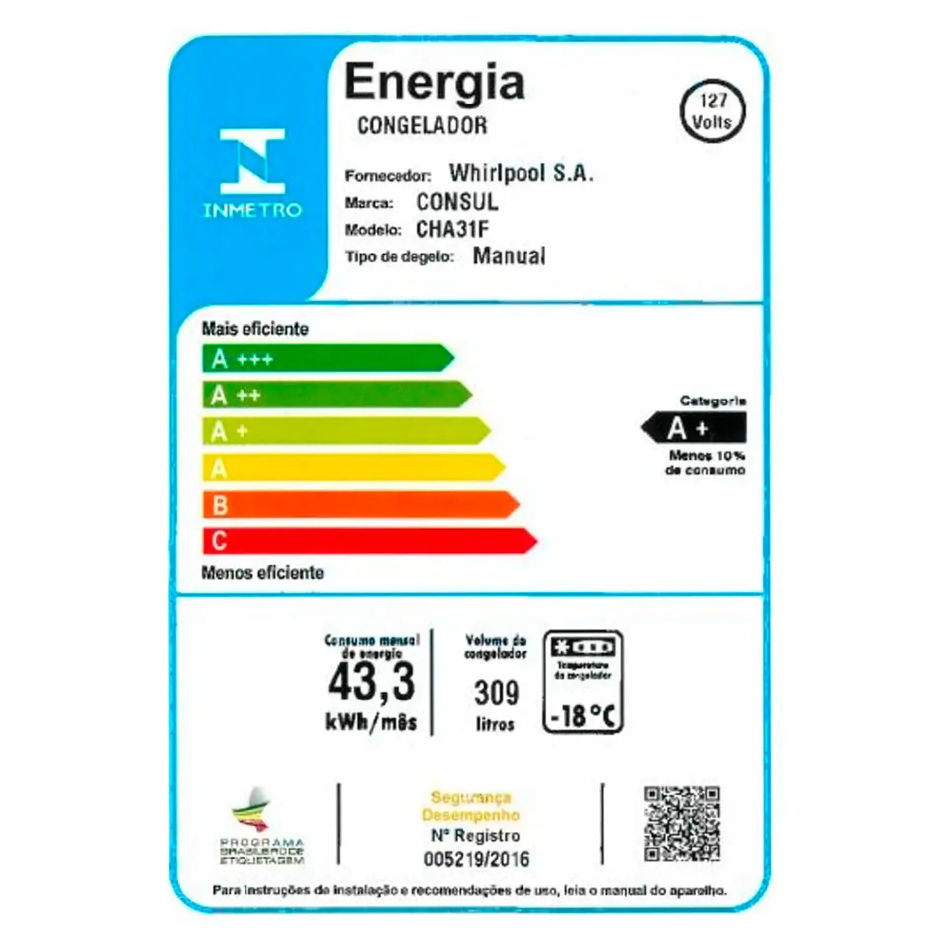Freezer Consul 309L 1 Porta Horizontal Degelo Manual CHA31FB - Branco - 110 Volts