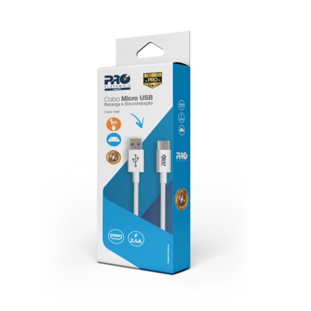 Cabo USB A-Macho - Micro USB Macho 1,0 Metro Branco Proeletronic - CAUSB-100M