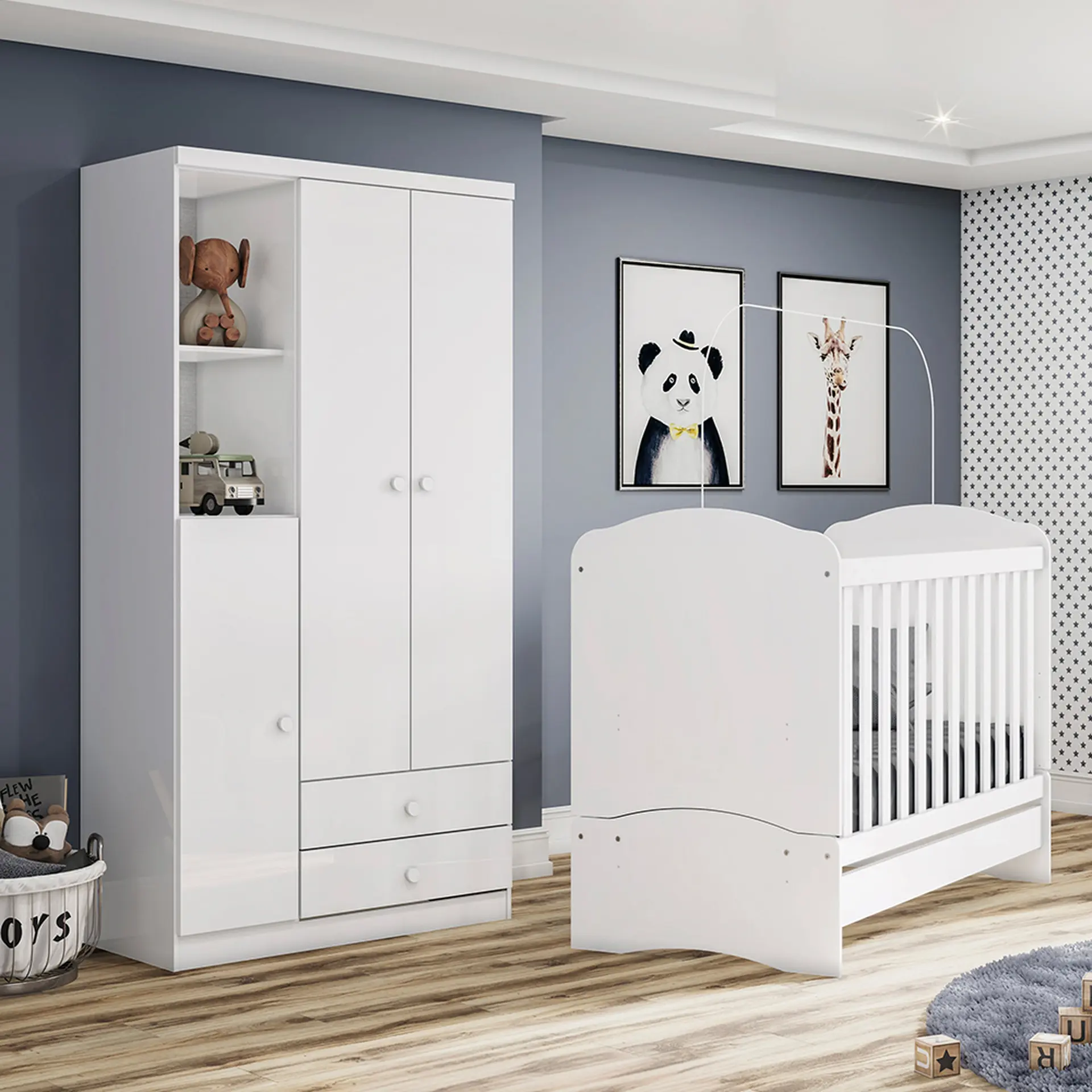 Guarda-Roupa Infantil 3 Portas Bater 2 Gavetas Bala de Menta Henn Roupeiro - Branco e Branco/Rosa Chá Flex