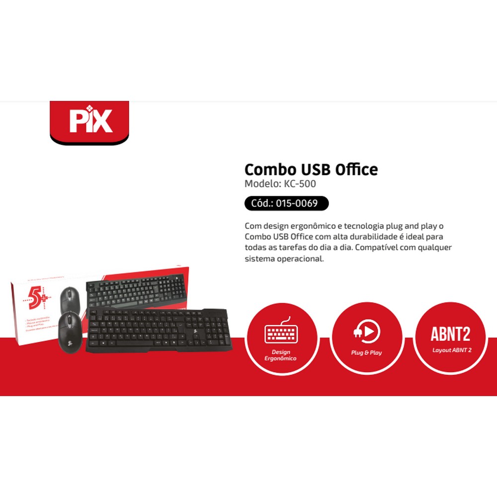 Kit Teclado + Mouse USB 5+ Combo Office Preto KC500