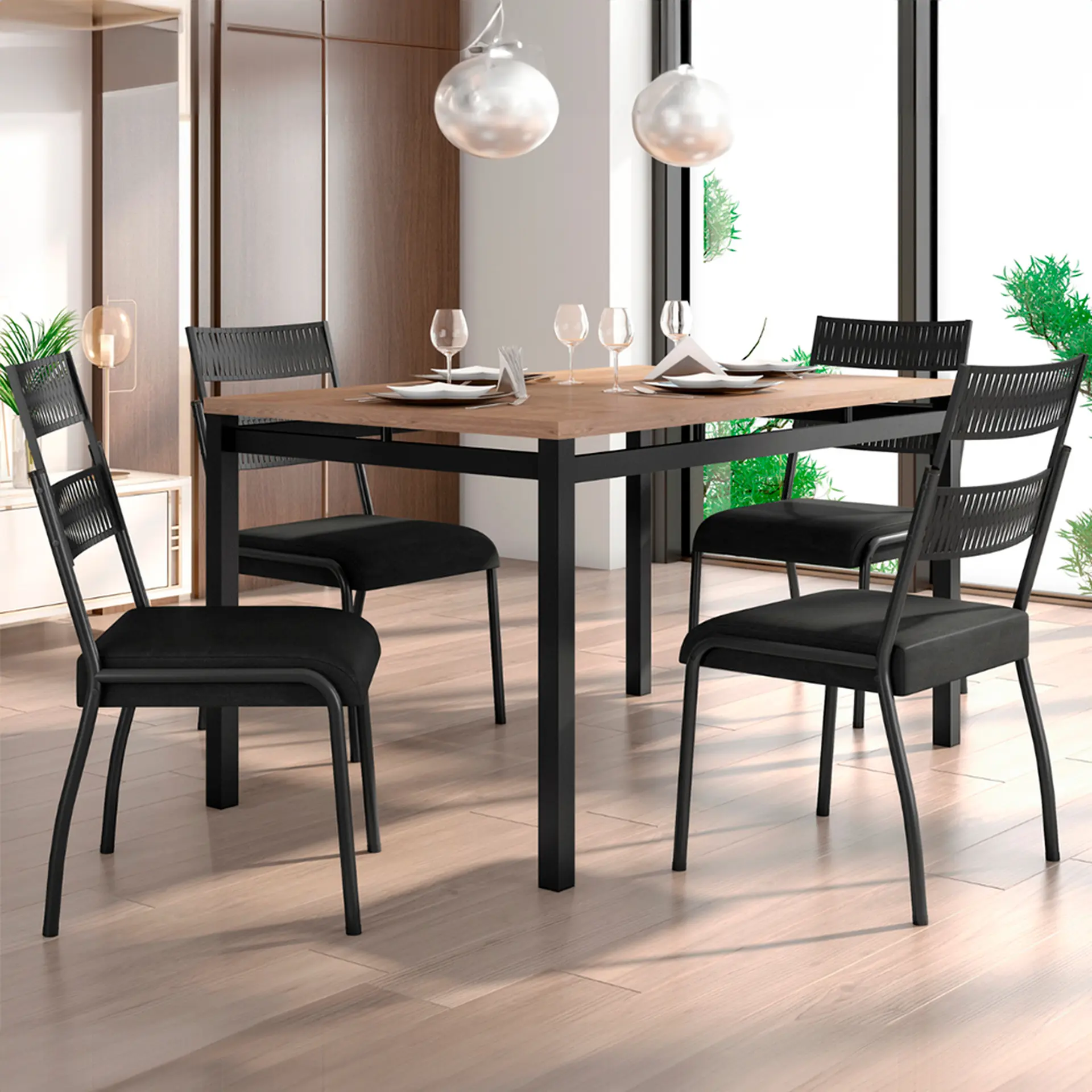 Conjunto de Mesa 4 Cadeiras Tampo MDP BP Valencia Fabone - Preto Fosco