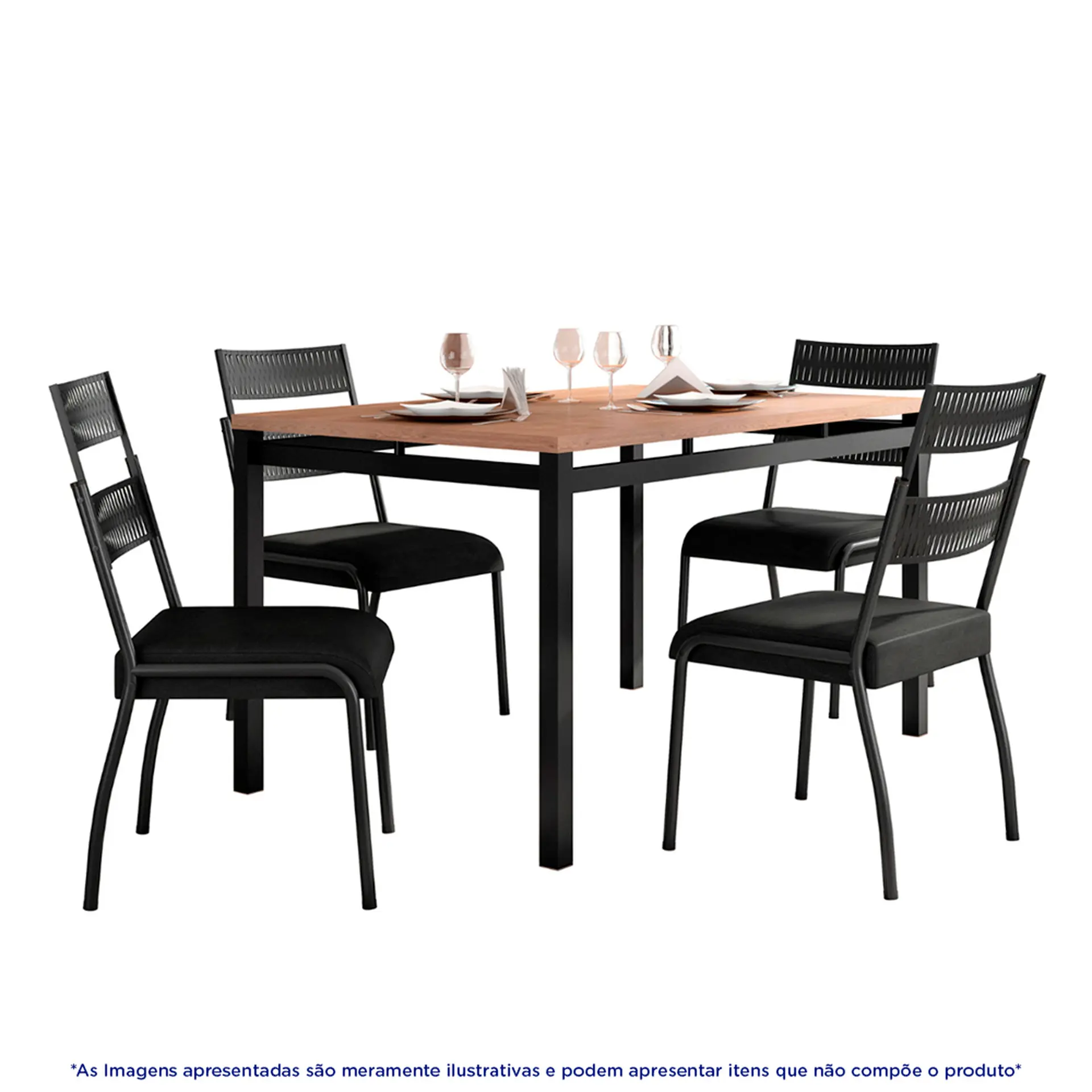 Conjunto de Mesa 4 Cadeiras Tampo MDP BP Valencia Fabone - Preto Fosco
