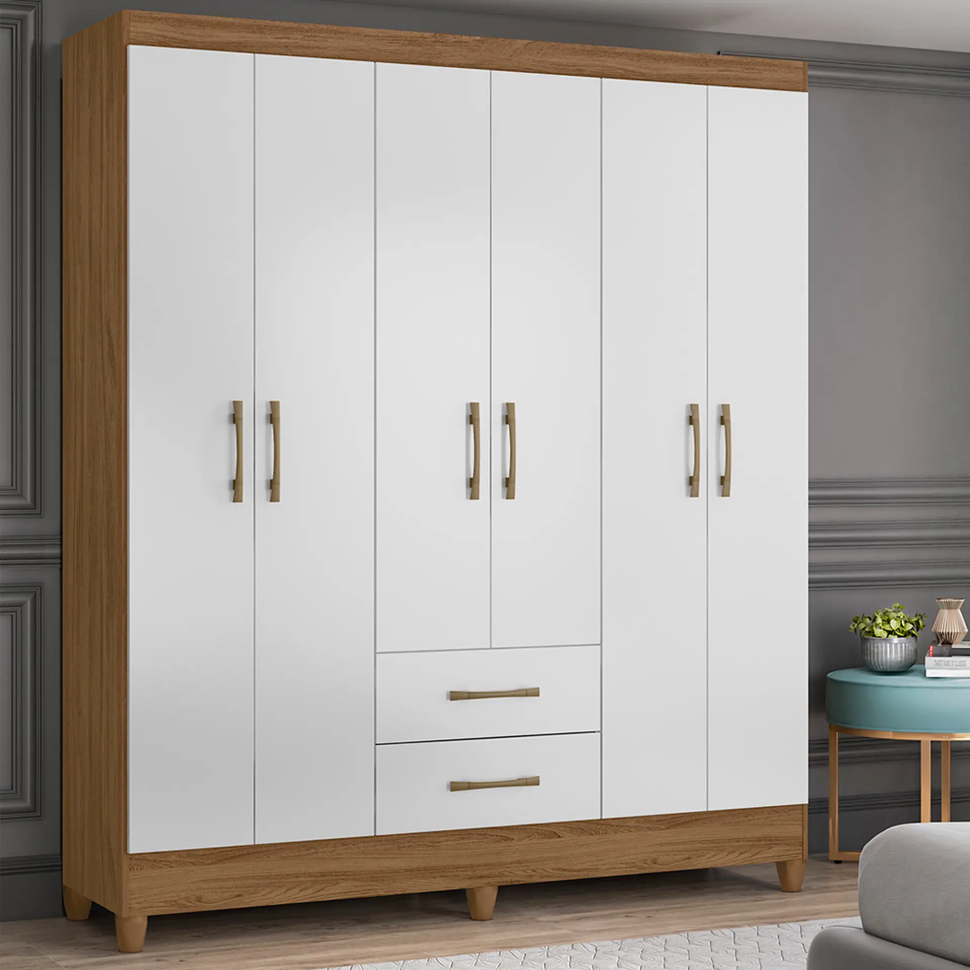 Guarda-Roupa Casal 6 Portas Bater 2 Gavetas Panamá Moval Roupeiro - Naturale/branco