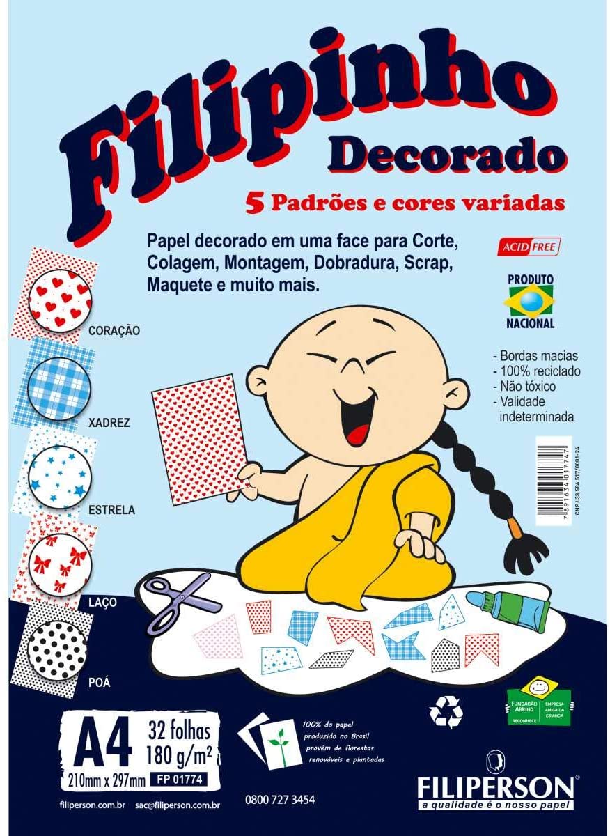 Papel Decorado Filipaper Filipinho Criativo A4 180 Gramas 210 x 297 mm 32 Folhas Cores Variadas