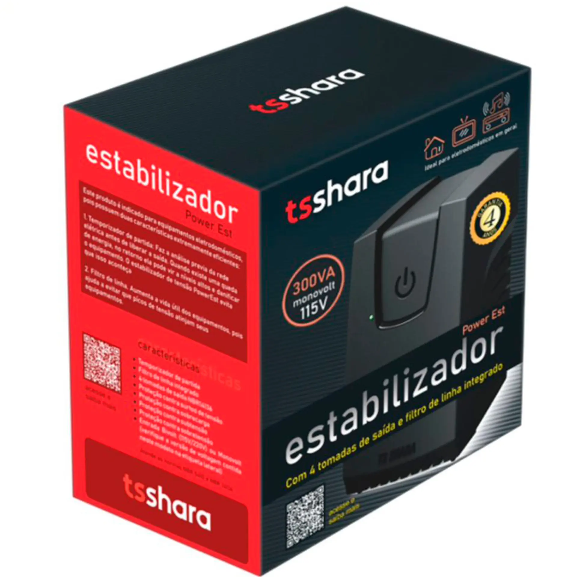 Estabilizador TS Shara Powerest 300VA 4 Tomadas com LED 9100 - Preto - 110 Volts