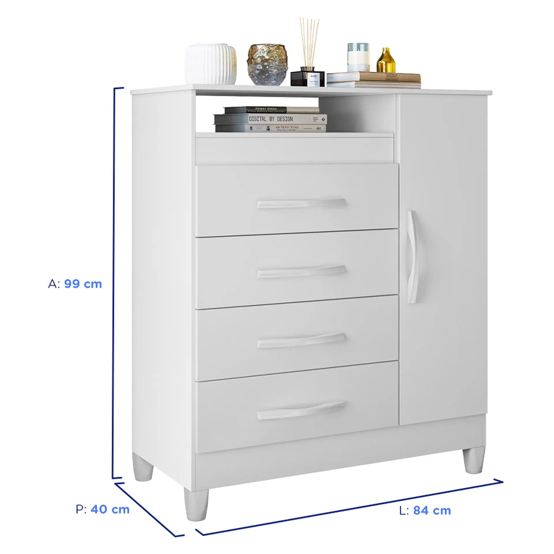 Cômoda 1 Porta Bater 4 Gavetas MDP e MDF Turqueza Albatroz - Flex