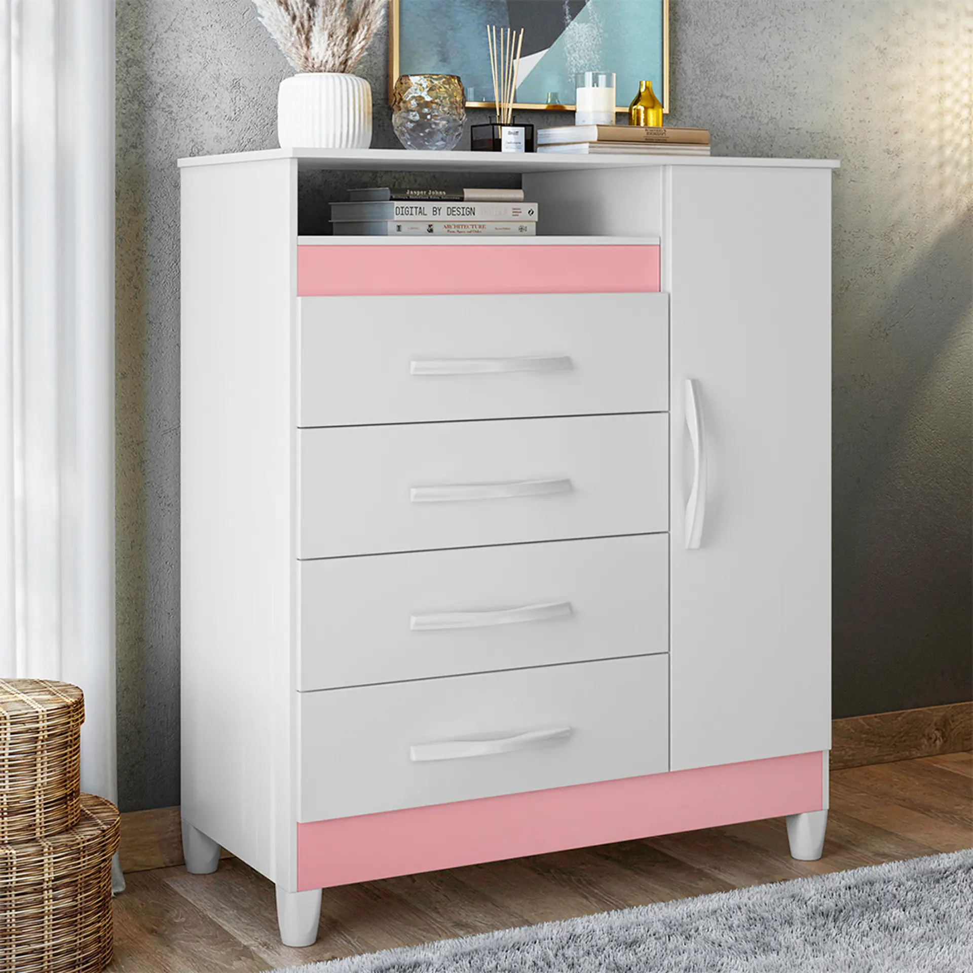 Cômoda 1 Porta Bater 4 Gavetas MDP e MDF Turqueza Albatroz - Flex