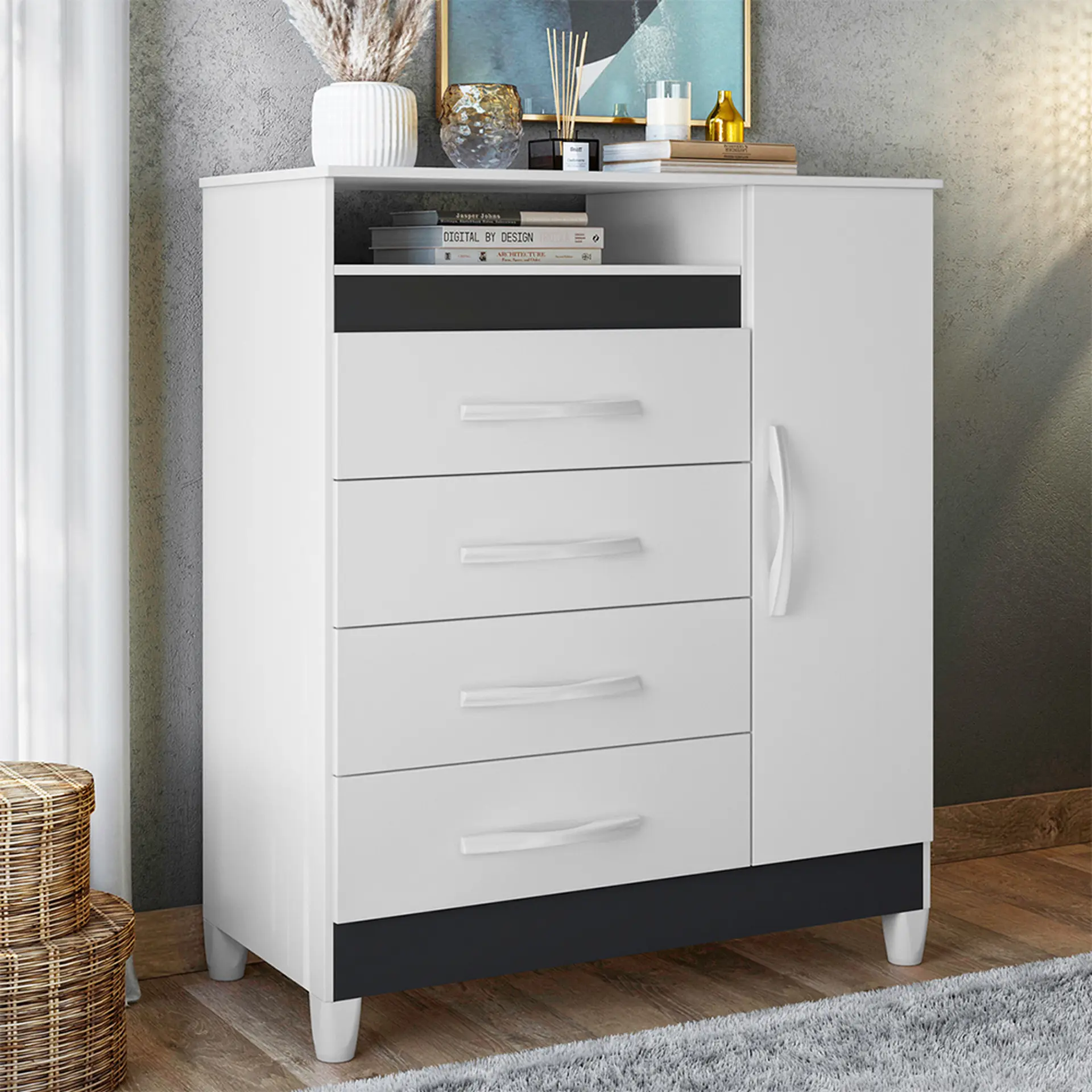 Cômoda 1 Porta Bater 4 Gavetas MDP e MDF Turqueza Albatroz - Flex