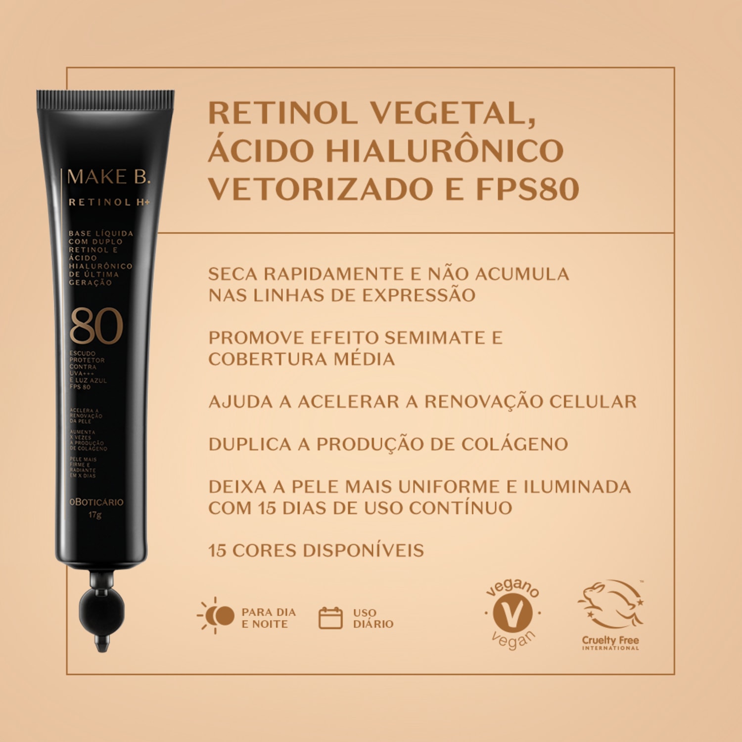 Refil Base Líquida Cor 65 com FPS 80 Make B. Retinol H+ 26g