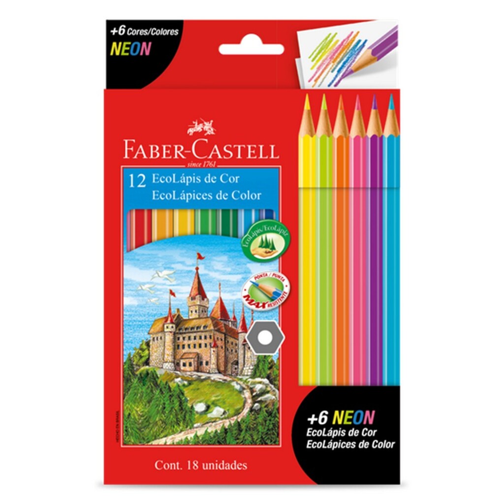 Lápis de Cor 12 Cores Sextavado + 6 Lápis de Cor Neon - Faber Castell - 120112+6N