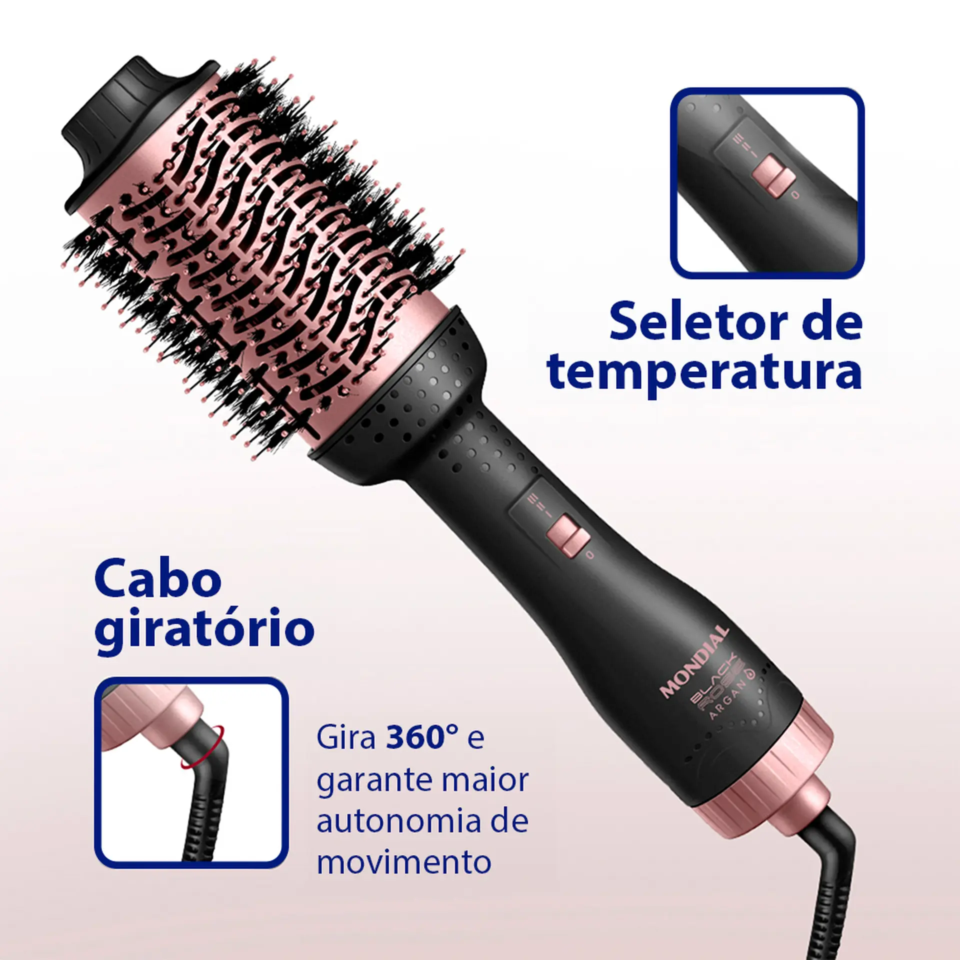 Escova Secadora Mondial Black Rose Argan 1 Velocidade 3 Temperaturas 1200W - Preto/Golden Rose - Bivolt