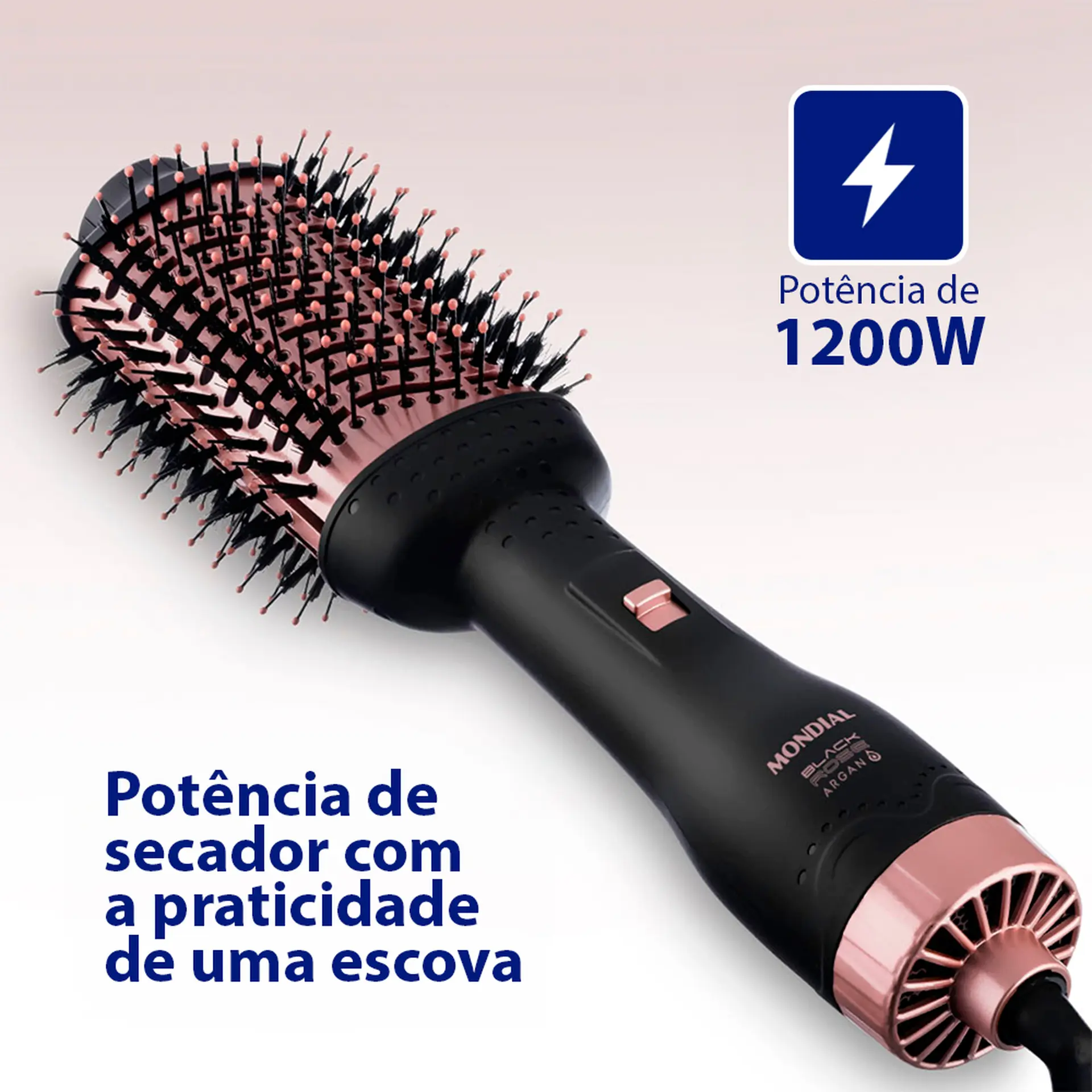 Escova Secadora Mondial Black Rose Argan 1 Velocidade 3 Temperaturas 1200W - Preto/Golden Rose - Bivolt