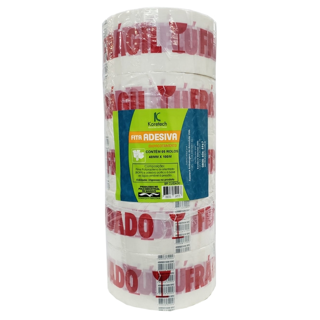 Fita Empacotamento 48mm x 100 Metros Cuidado Frágil - Koretech - Pacote com 5 Unidades - 12.10.0.0007