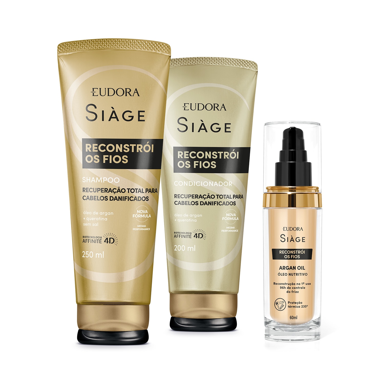 Combo Siàge Reconstrói os Fios: Shampoo 250ml + Condicionador 200ml + Argan Oil 60ml