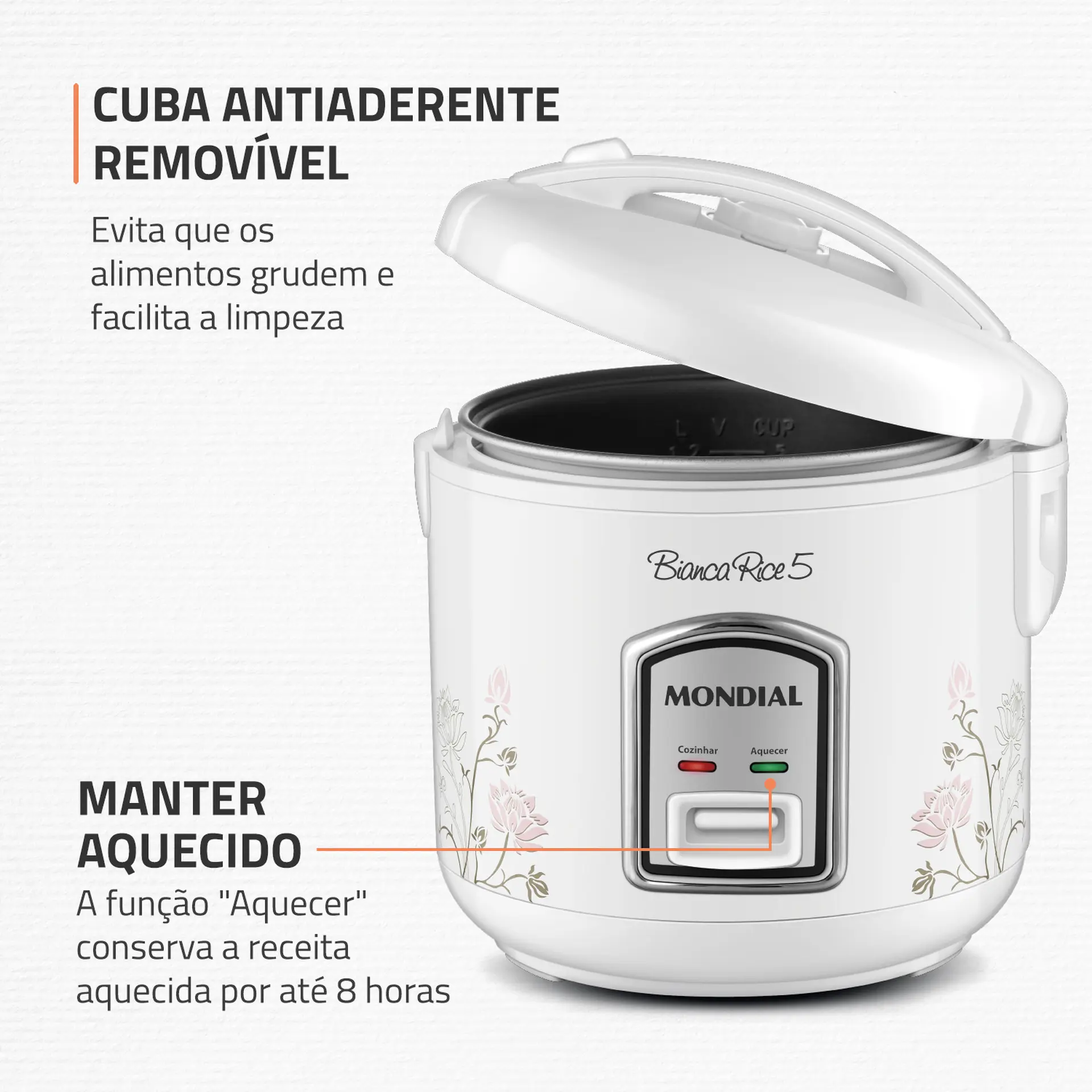 Panela Elétrica de Arroz Mondial 5 Xícaras Bianca Rice5 NPE05-5X - Branco/Floral - 110 Volts