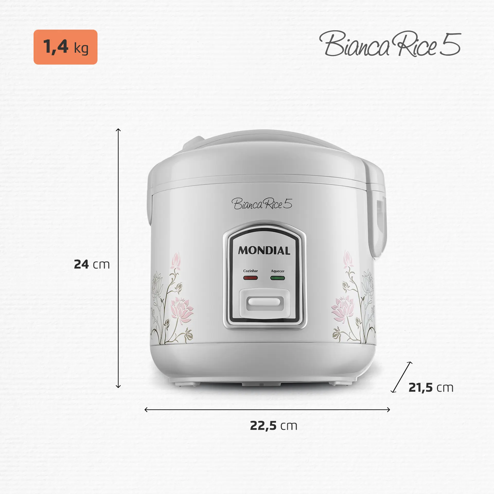 Panela Elétrica de Arroz Mondial 5 Xícaras Bianca Rice5 NPE05-5X - Branco/Floral - 110 Volts