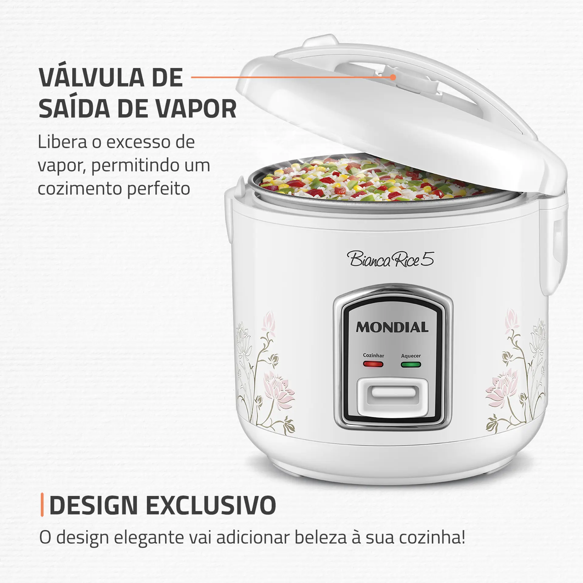 Panela Elétrica de Arroz Mondial 5 Xícaras Bianca Rice5 NPE05-5X - Branco/Floral - 110 Volts