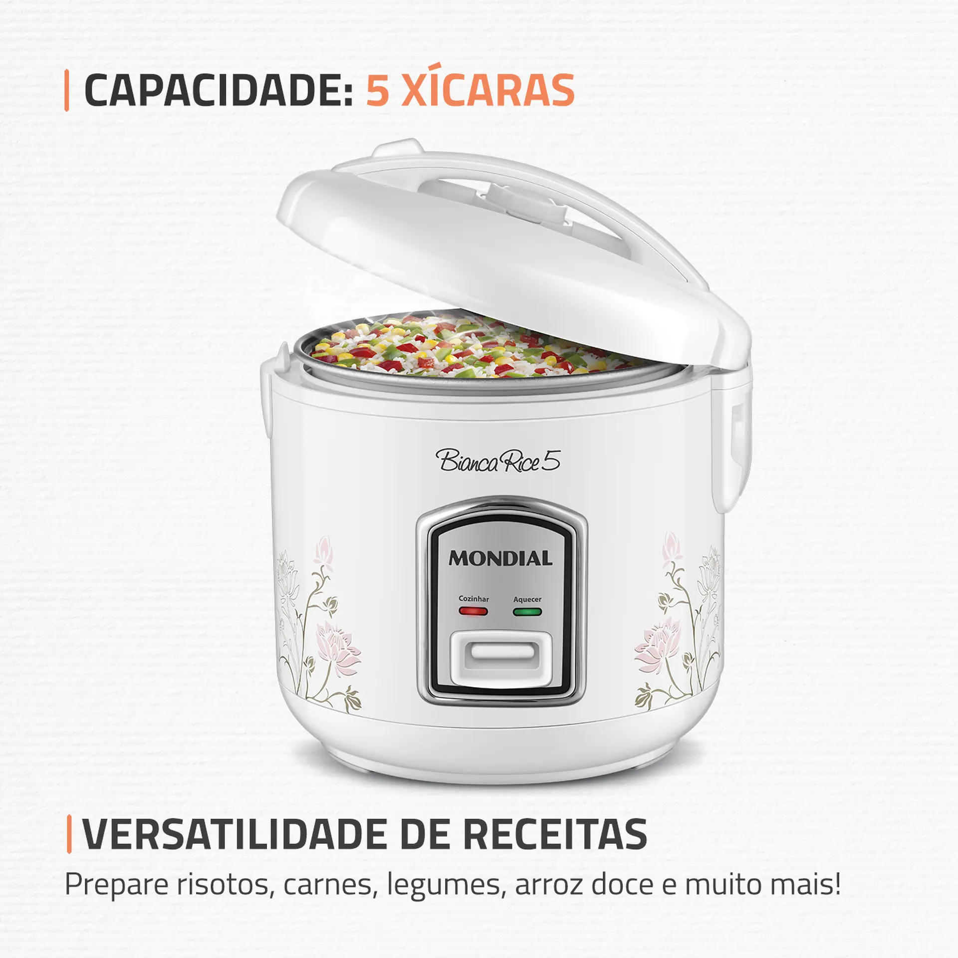 Panela Elétrica de Arroz Mondial 5 Xícaras Bianca Rice5 NPE05-5X - Branco/Floral - 110 Volts