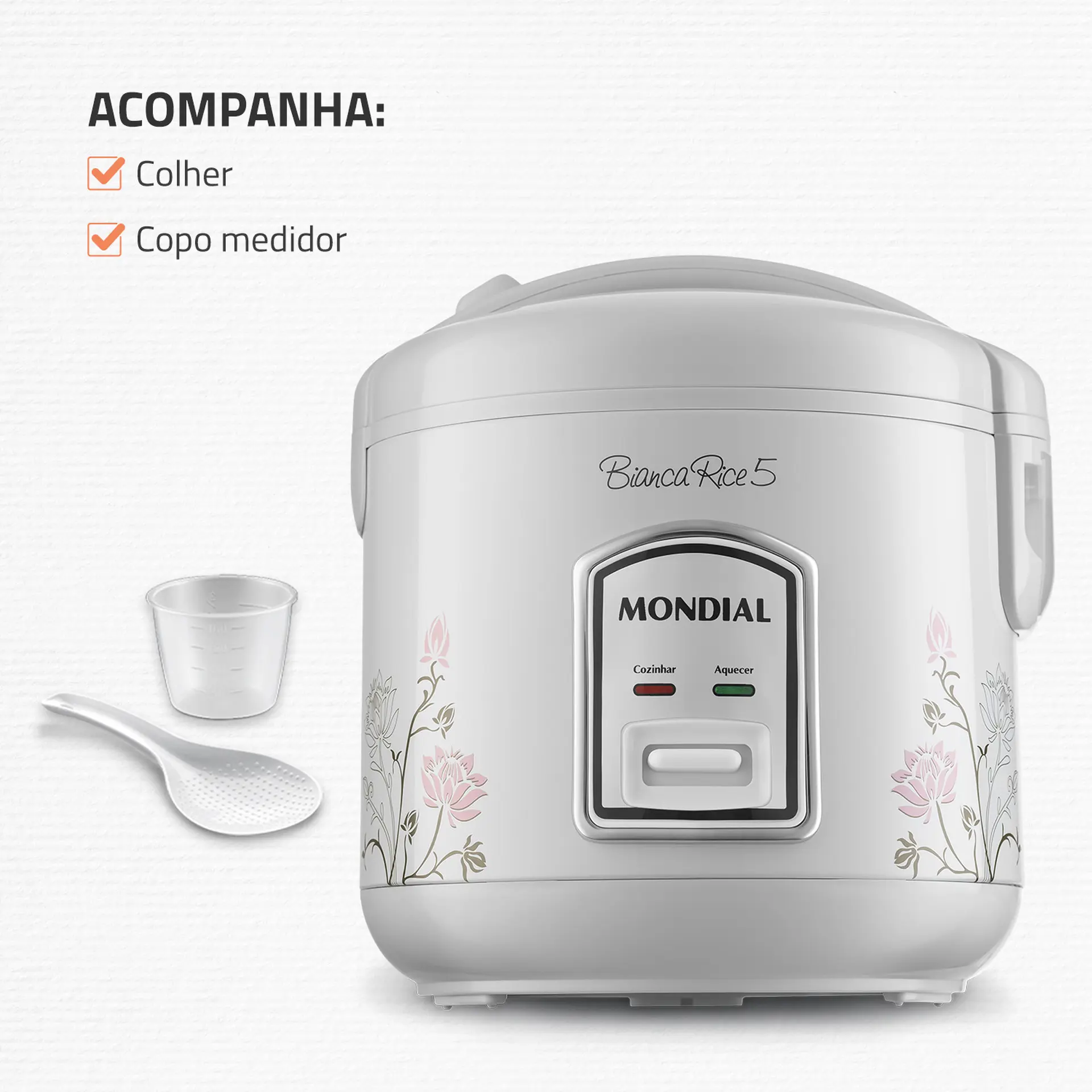 Panela Elétrica de Arroz Mondial 5 Xícaras Bianca Rice5 NPE05-5X - Branco/Floral - 110 Volts