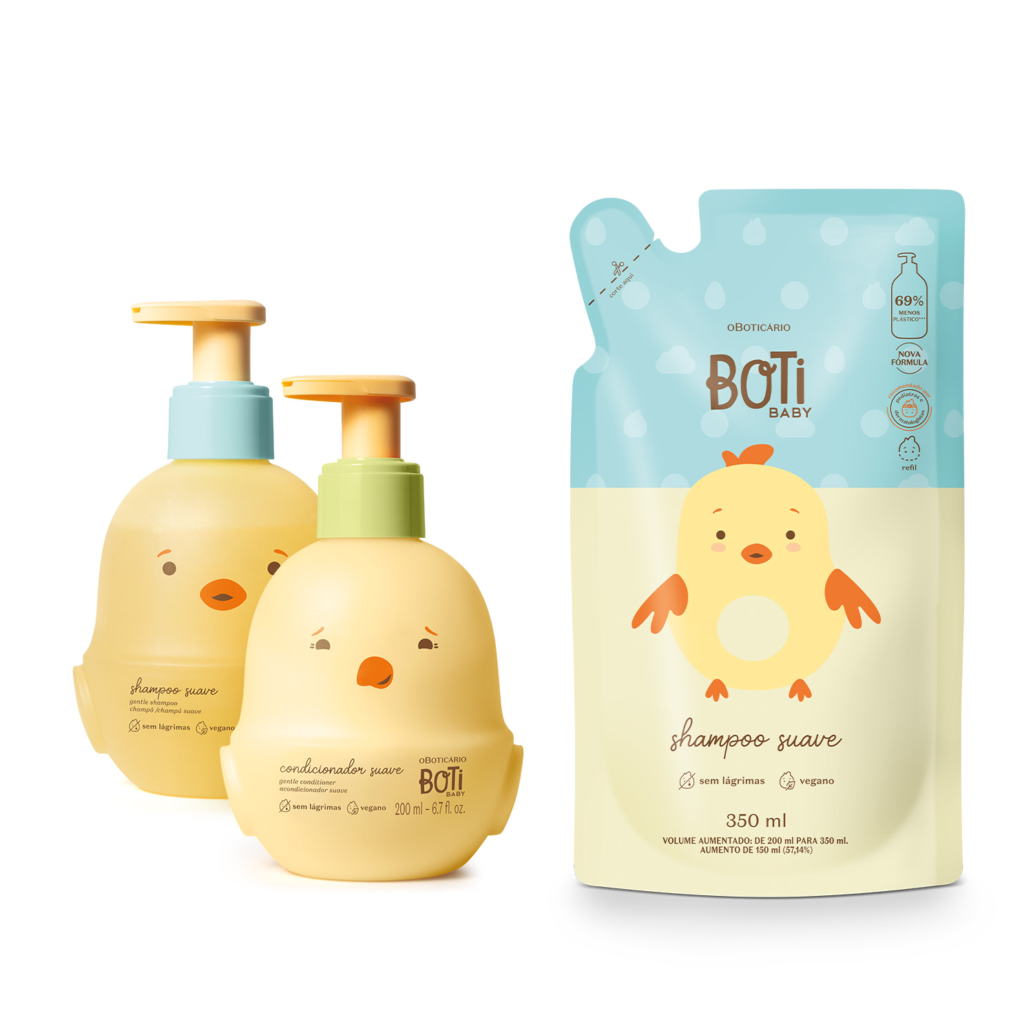 Combo Boti Baby: Shampoo Suave 200ml + Condicionador Suave 200ml + Refil Shampoo 350ml