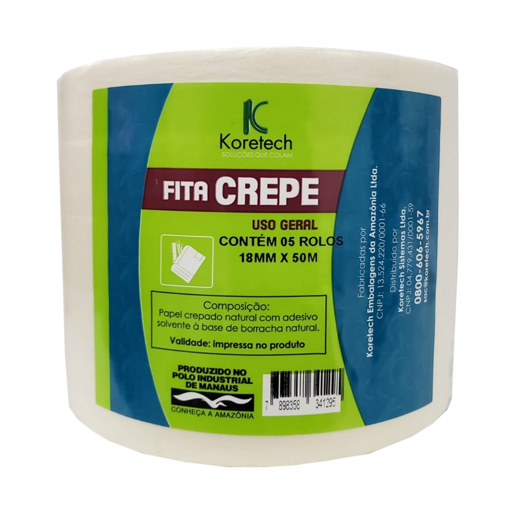 Fita Crepe 18mm x 50 Metros Branco Koretech - Pacote com 5 Unidades - 31.11.4.0031