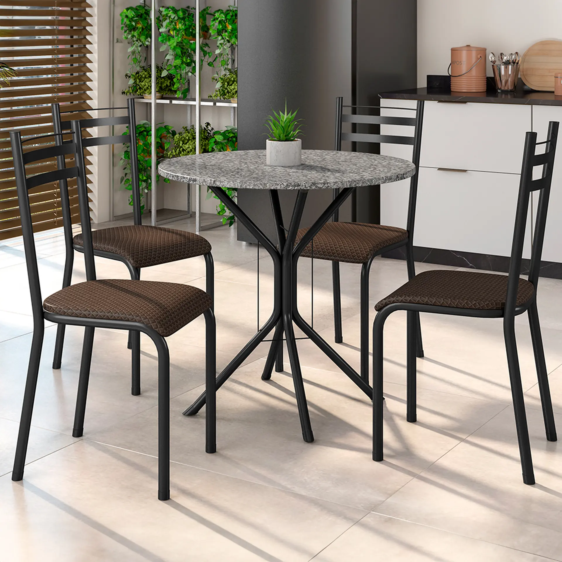 Conjunto de Mesa 4 Cadeiras Tampo Granito Lyon Fabone - Preto Fosco/Café
