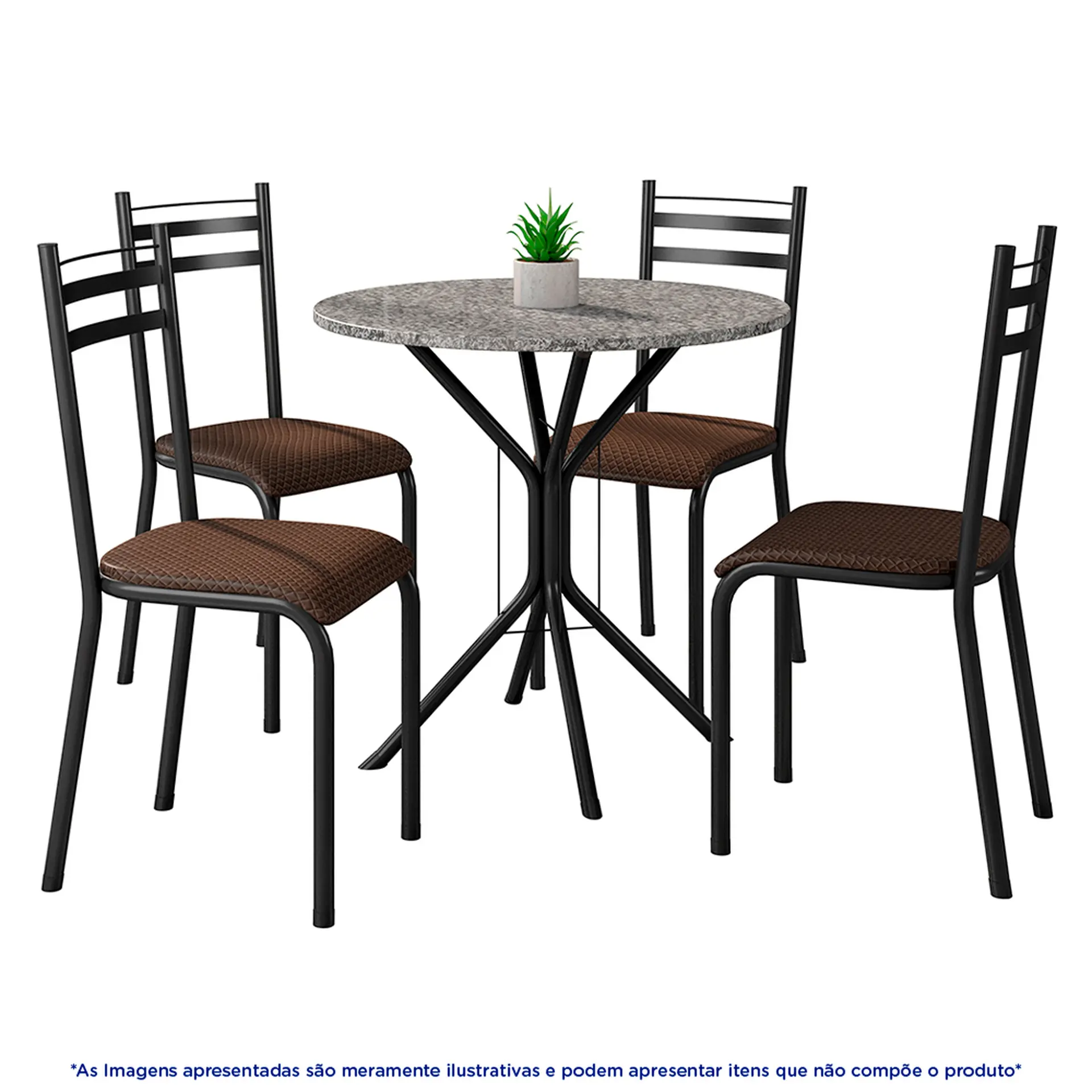 Conjunto de Mesa 4 Cadeiras Tampo Granito Lyon Fabone - Preto Fosco/Café