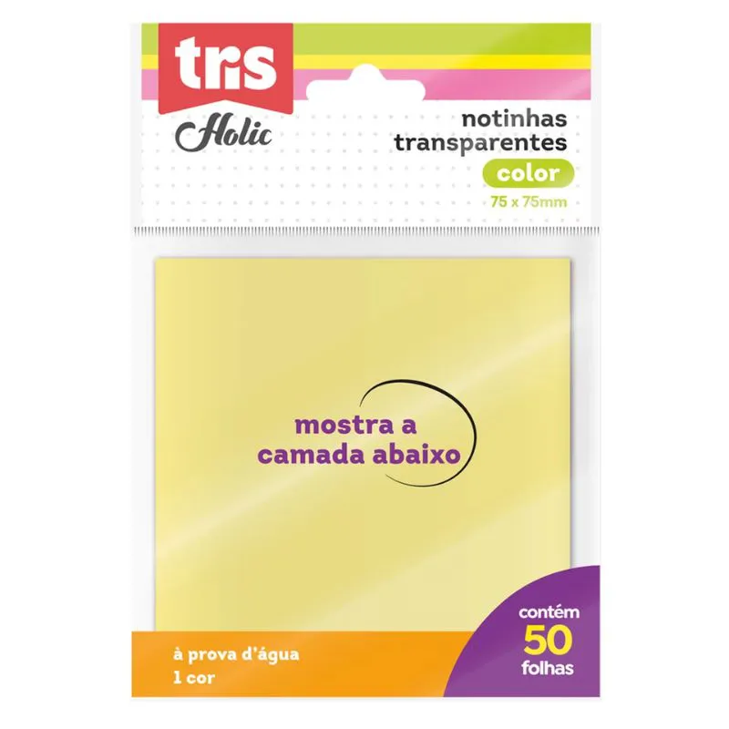 Bloco Adesivo TRIS Holic Notinhas Transparentes 75x75mm Amarelo Neon