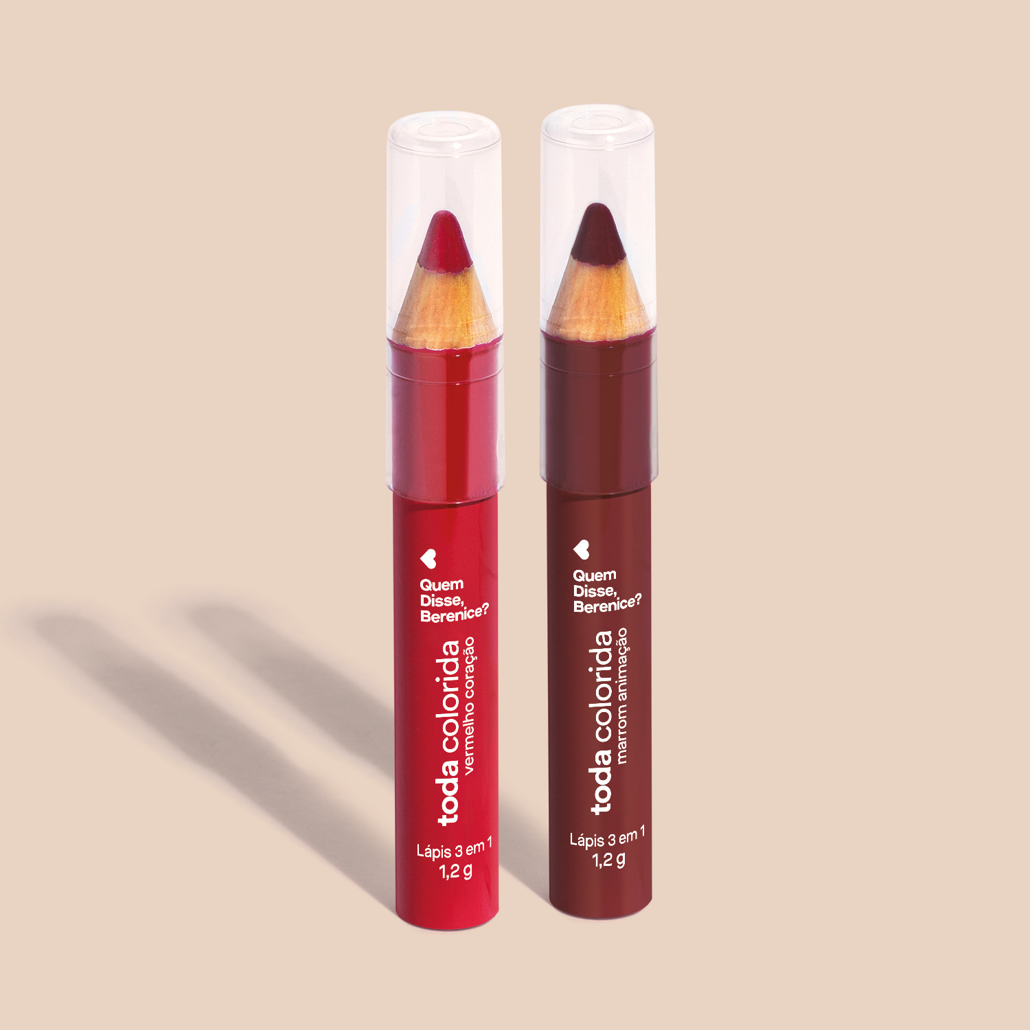 Combo Lápis Multifuncional 3 Em 1 Toda Colorida: Marrom Animação 1,2g + Vermelho Coração 1,2g
