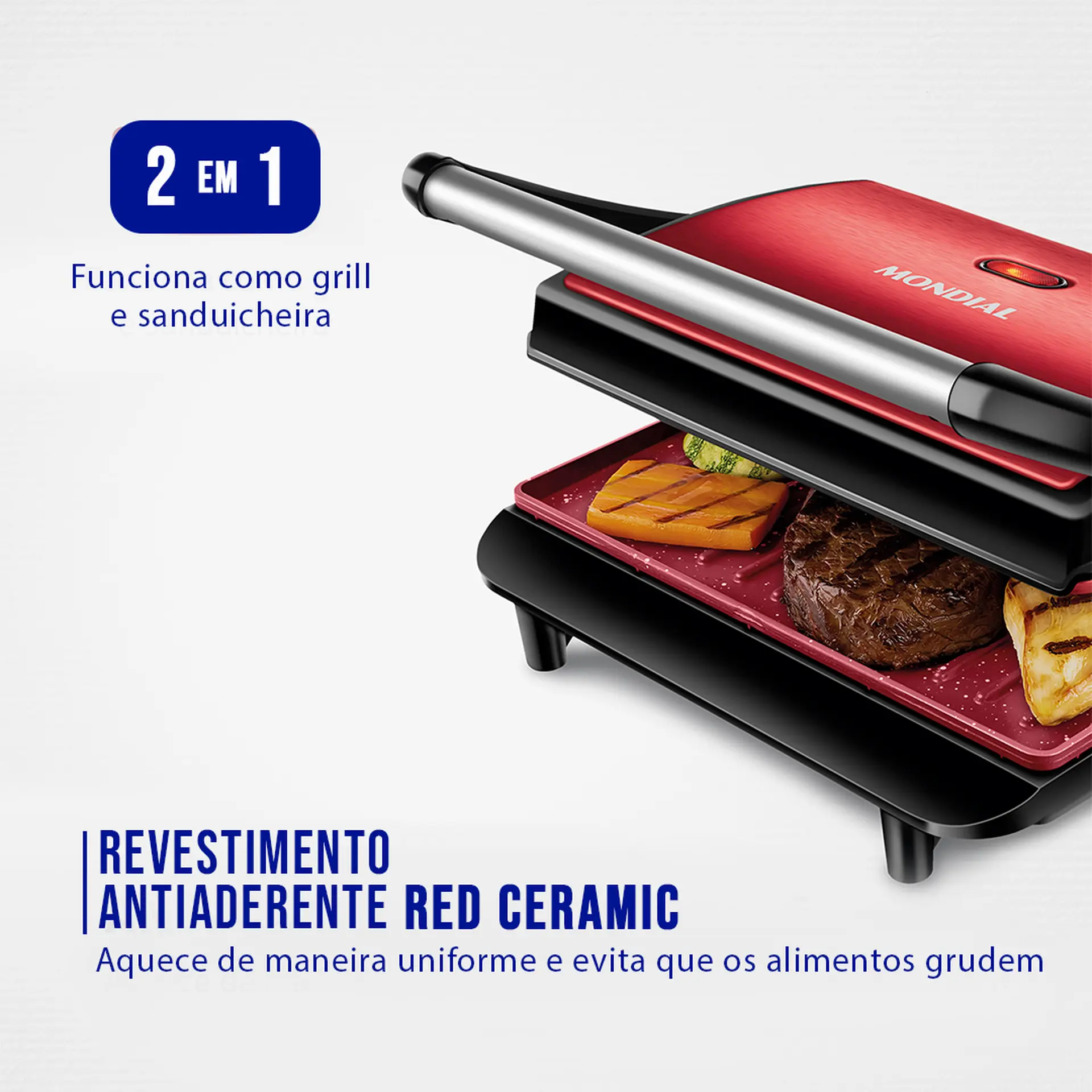 Grill Sanduicheira Mondial Ceramic PG01RC Antiaderente 1000W - Vermelho/Preto - 110 Volts