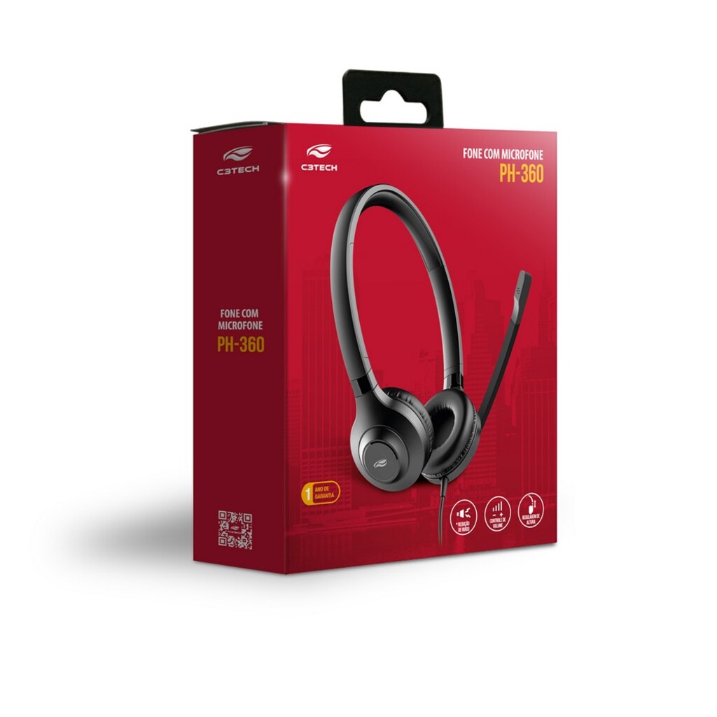 Fone de Ouvido Headset com Microfone com Conexão USB Preto C3Tech - PH-360BK