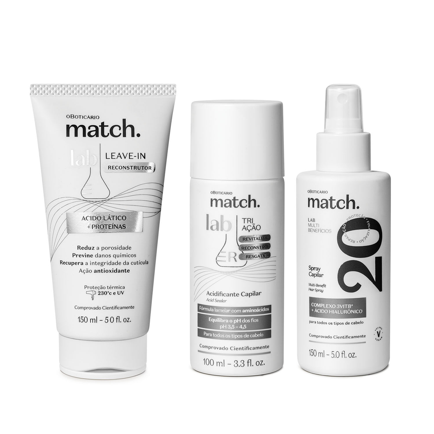 Combo Match Lab: Acidificante 100ml + Spray Capilar 150ml + Leave-In 150ml