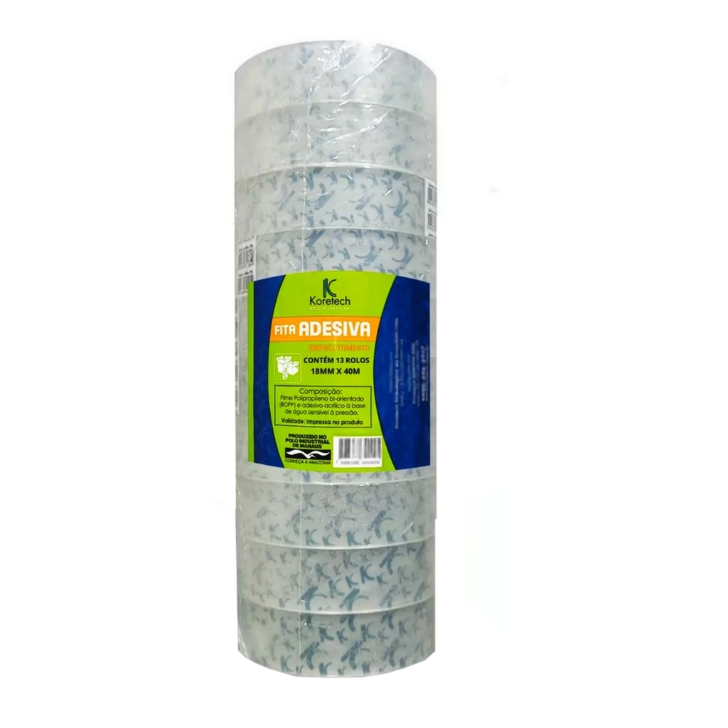 Fita Adesiva Transparente 18mm x 40 Metros Koretech - Pacote com 13 Unidades - 12.10.4.0013