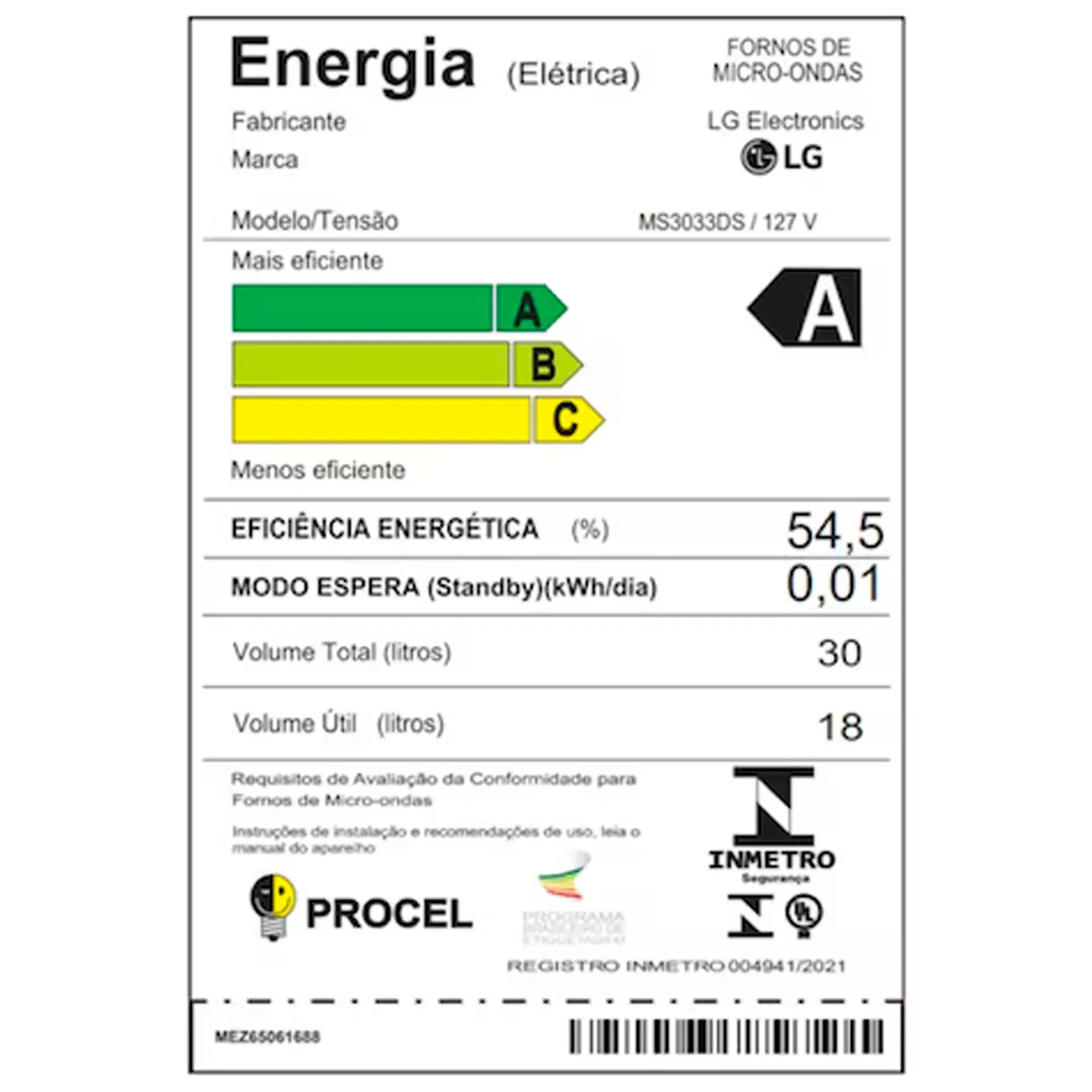 Micro-ondas de Bancada LG NeoChef 30L 800W Limpa Fácil MS3033DS - Preto - 110 Volts