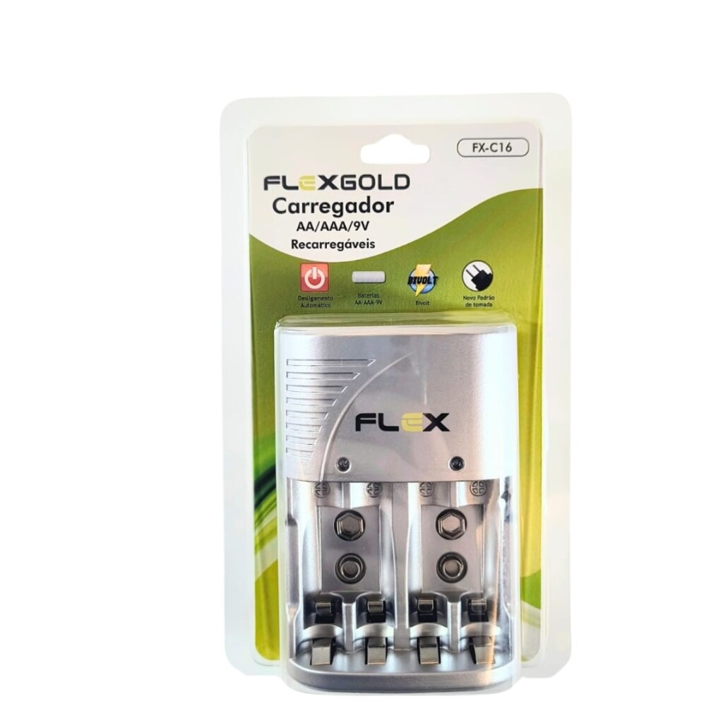 Carregador de Pilhas 2 ou 4 Pilhas AA/AAA/9V Bivolt Flexgold - FX-C16