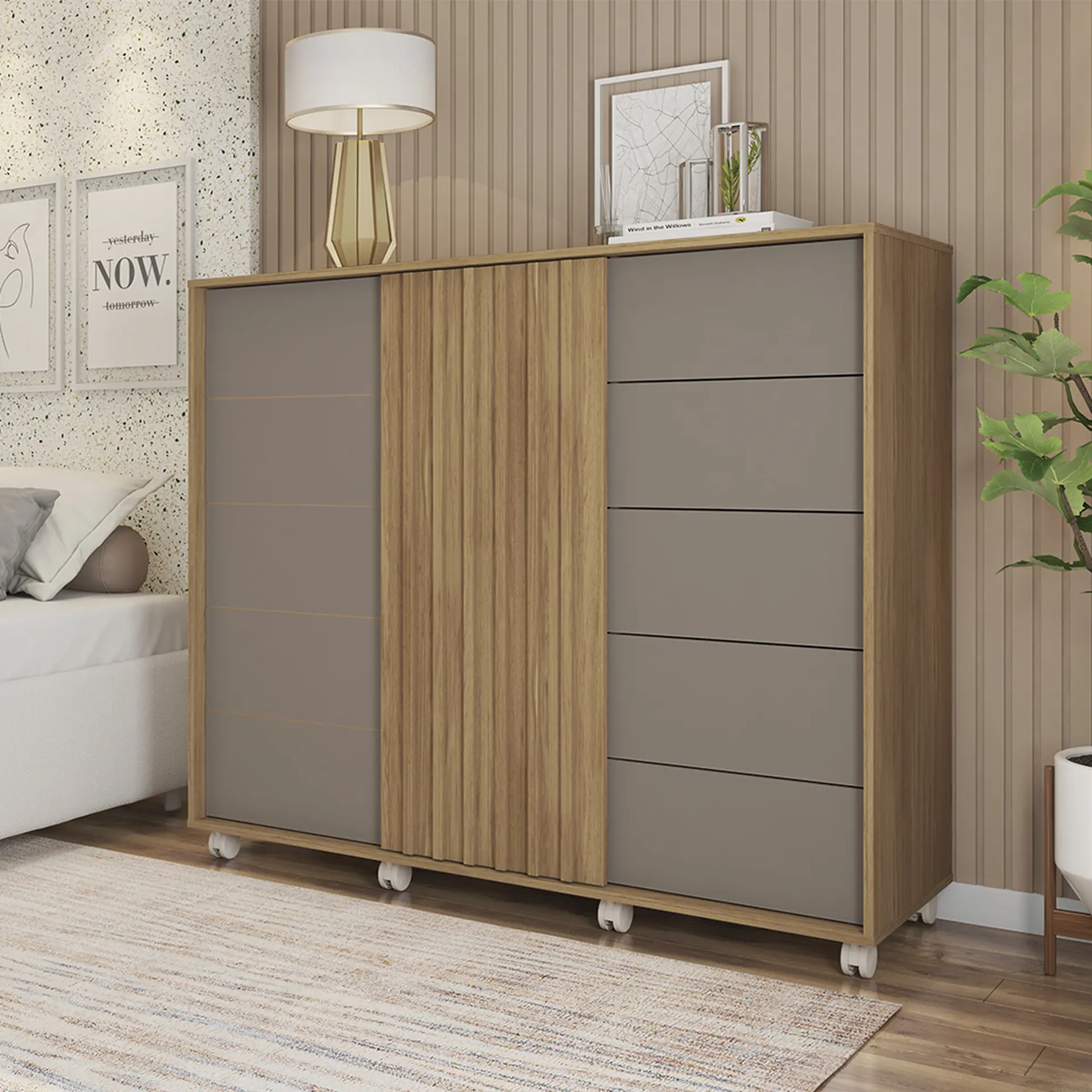 Cômoda 2 Portas 5 Gavetas MDP com Cabideiro Pegasus Caemmun - Buriti/Fendi