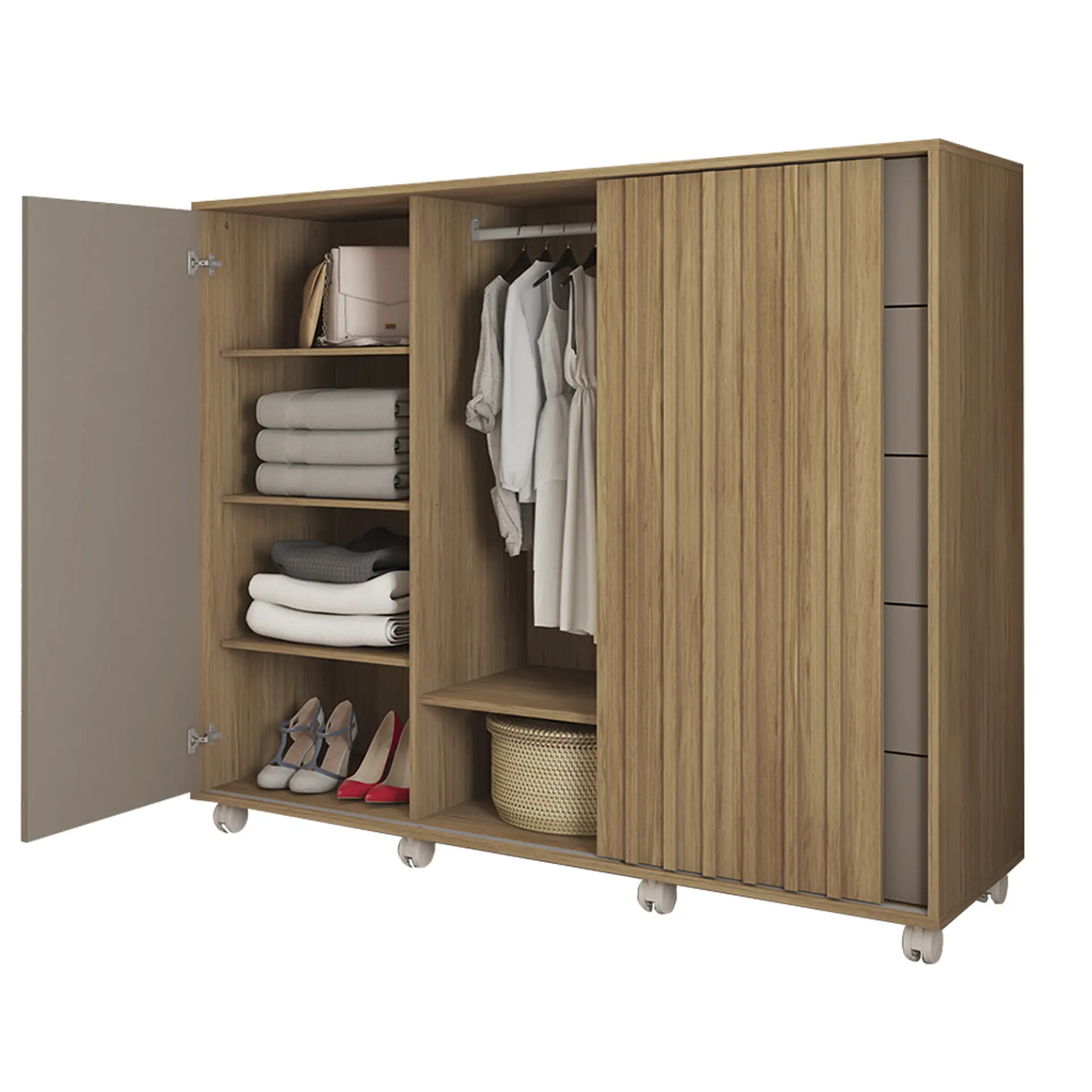 Cômoda 2 Portas 5 Gavetas MDP com Cabideiro Pegasus Caemmun - Buriti/Fendi