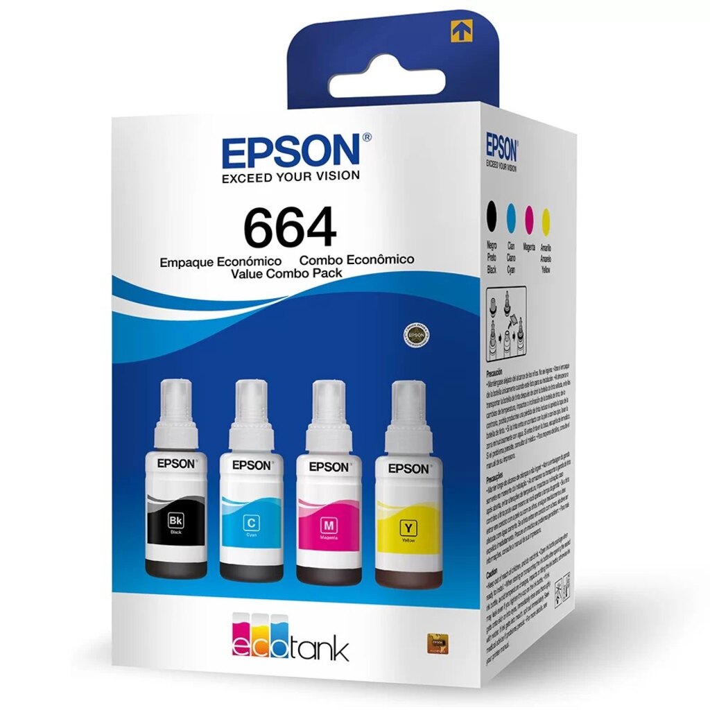 Tinta para Cartucho Epson Original - T664 Kit 4 Cores - 6.500 páginas para L110, L120, L200, L210, L220, L355, L365, L455, L555, L565, L375