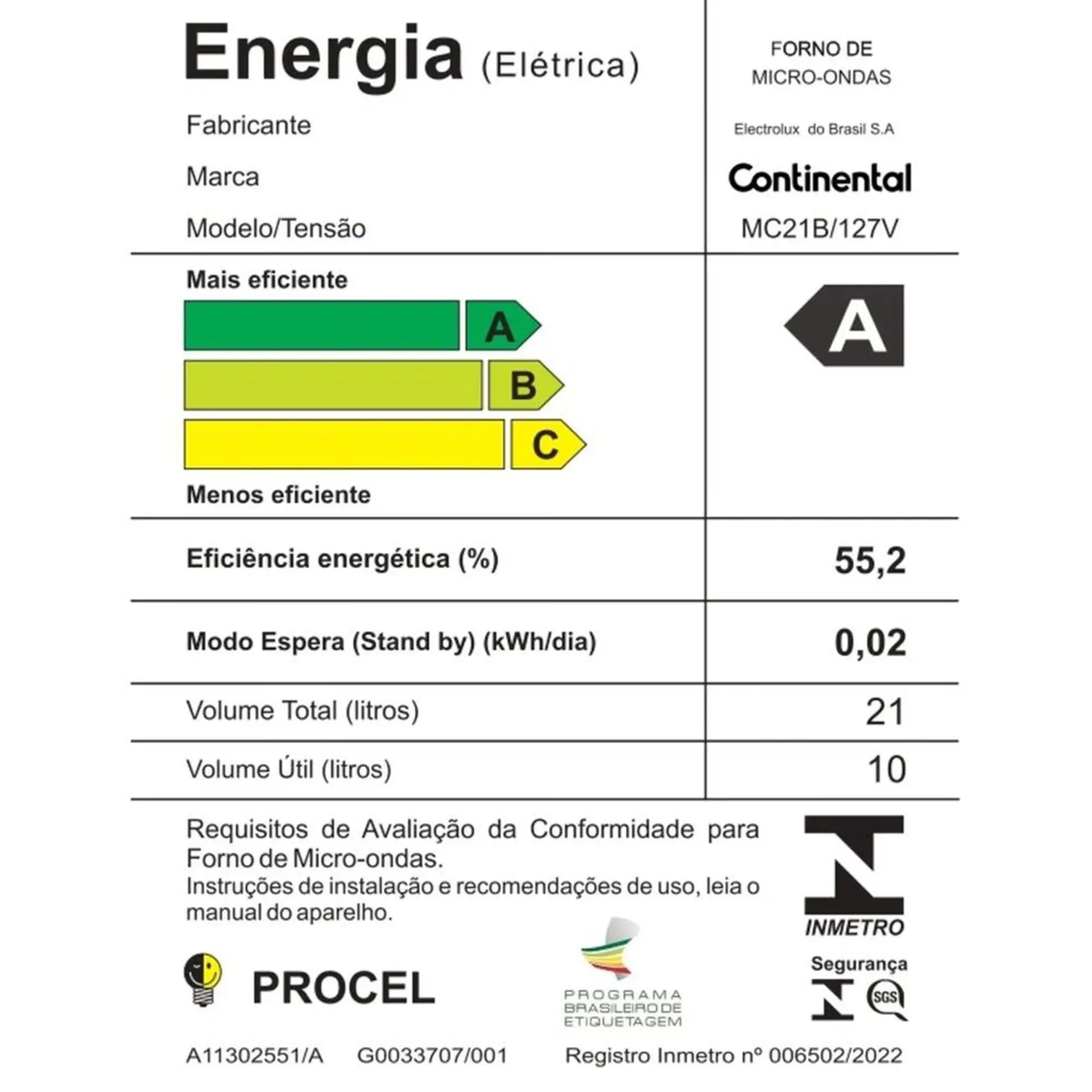 Micro-Ondas de Bancada Continental 21L 1100W com Tira-Odor MC21B - Branco - 110 Volts